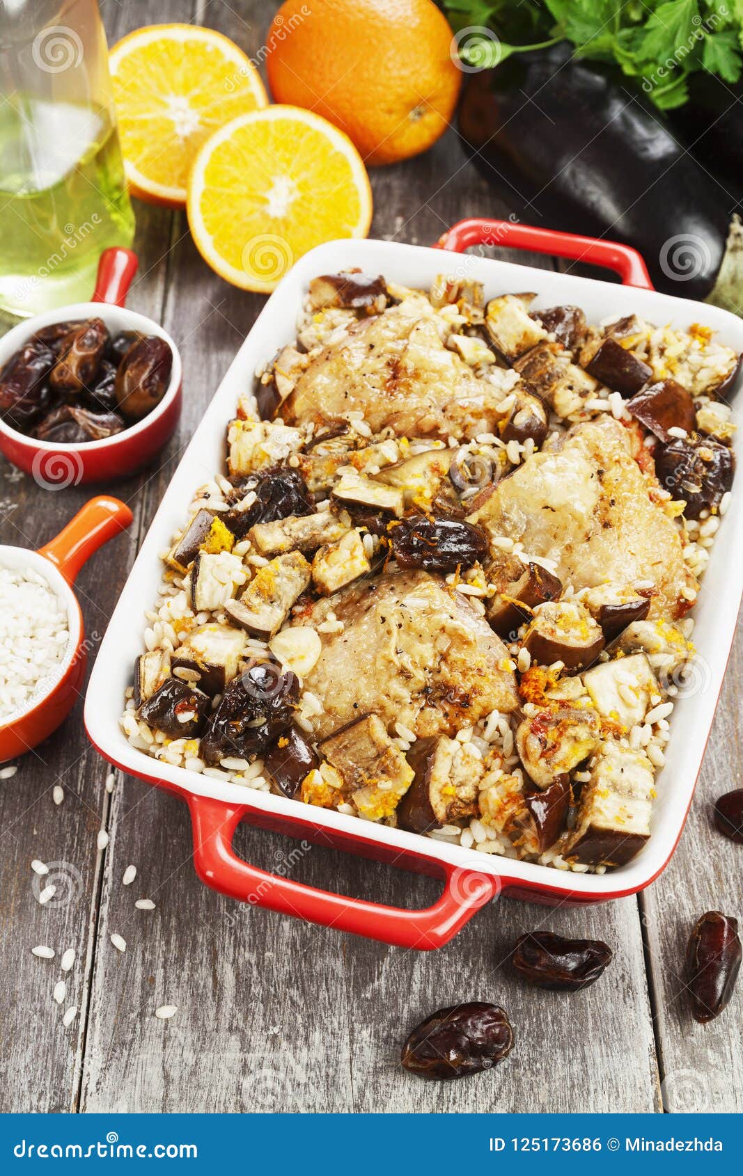 Chicken Thigh Baked with Rice, Eggplant and Figs Stock Photo Image of