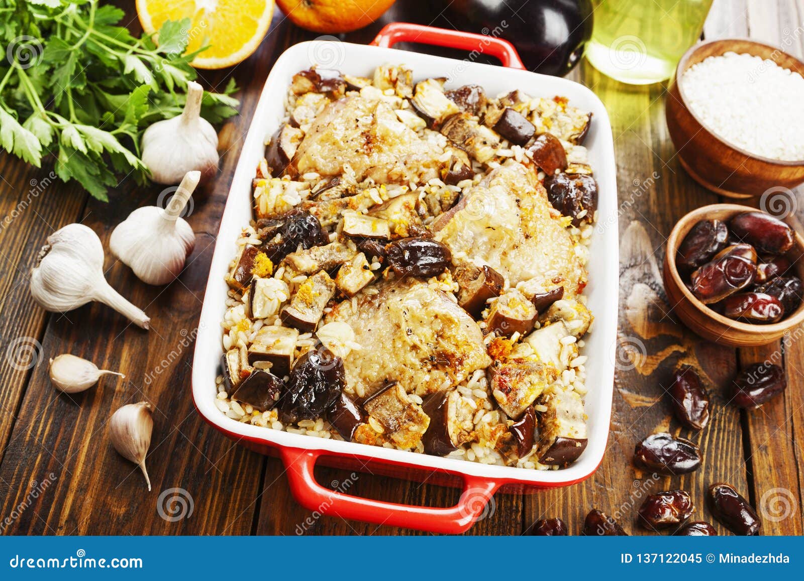 Chicken Thigh Baked with Rice, Eggplant and Figs Stock Image Image of