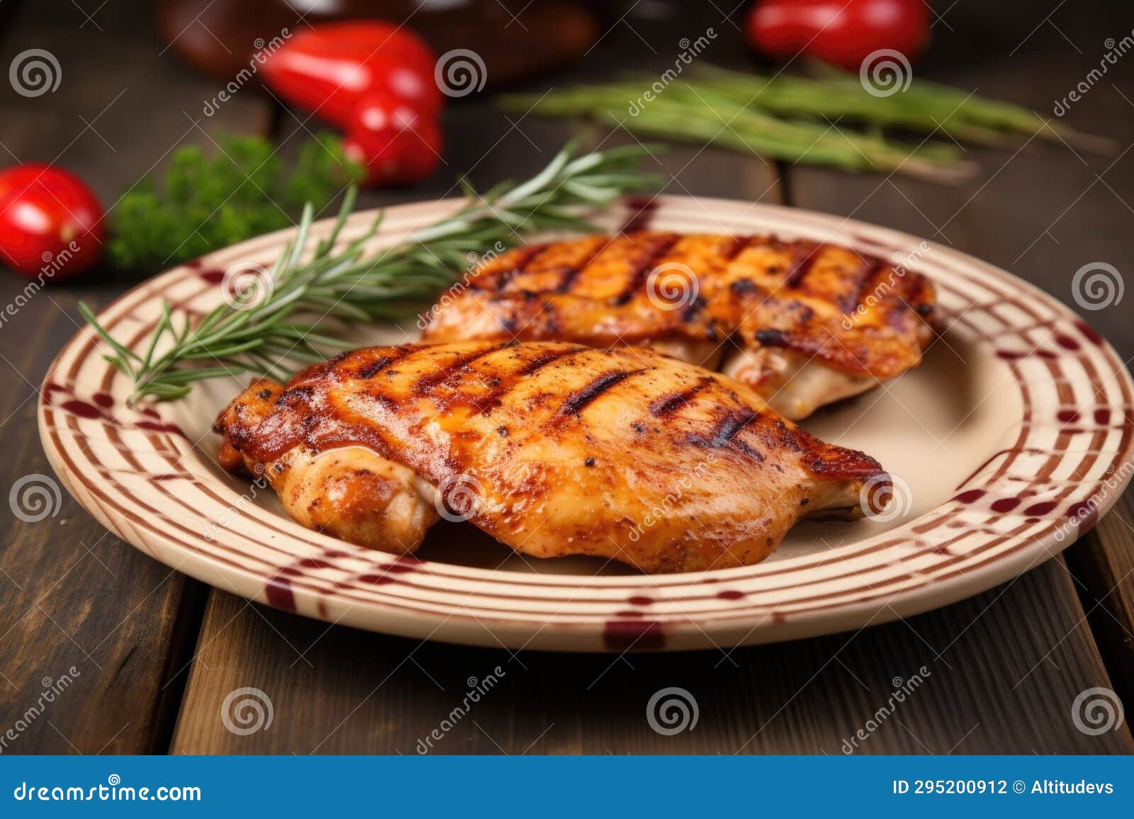 Chicken Thigh with Grill Lines on a Ceramic Plate Stock Photo Image