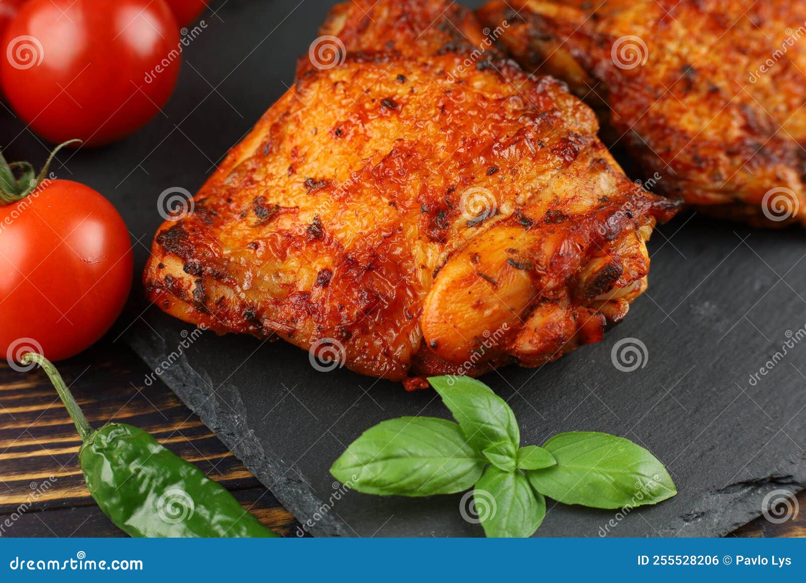 Chicken Thighs Baked with Vegetables and Spices. Roasted Chicken Dinner