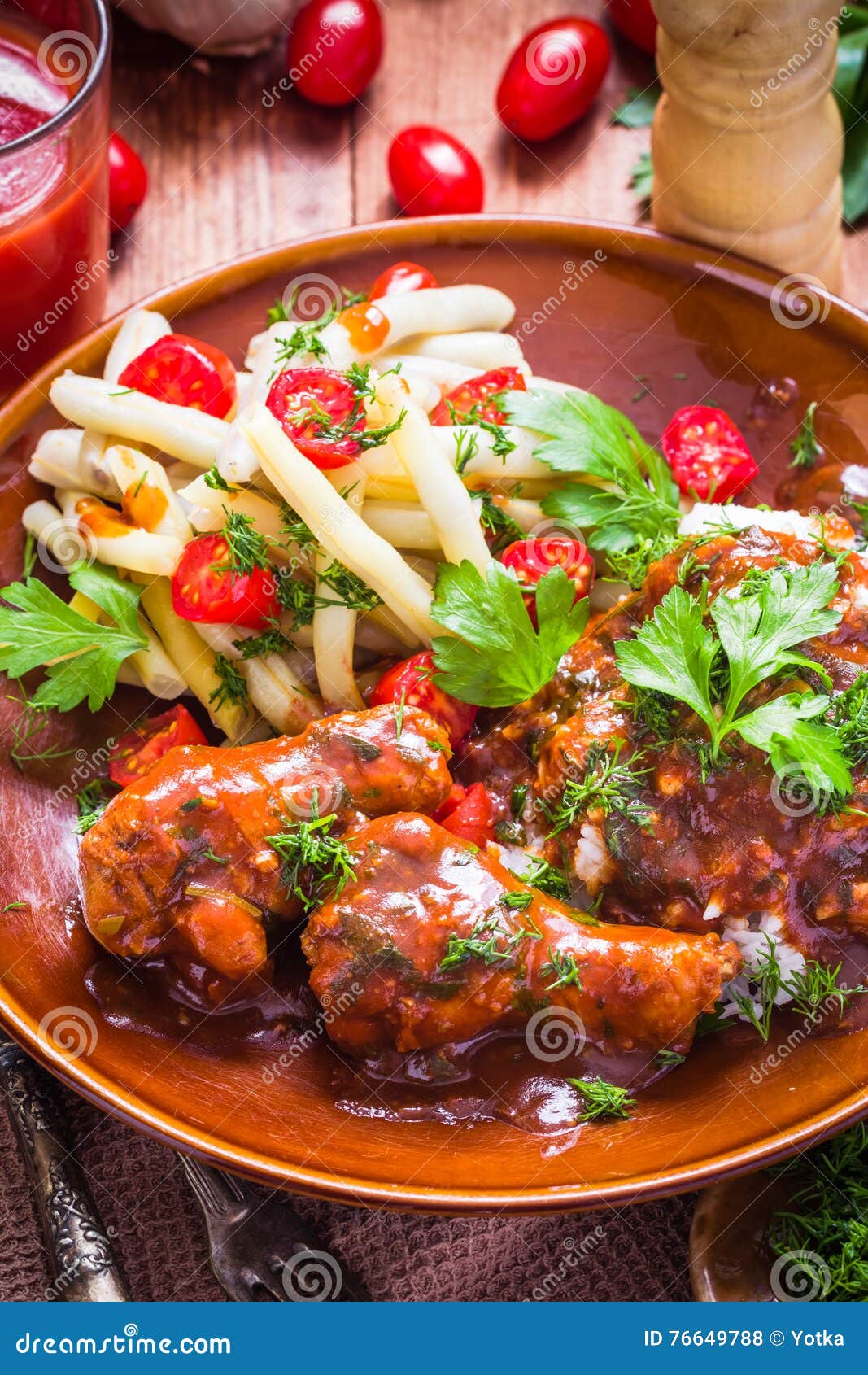 Chicken Tomato Sauce with Rice and Green Beans Stock Photo Image of