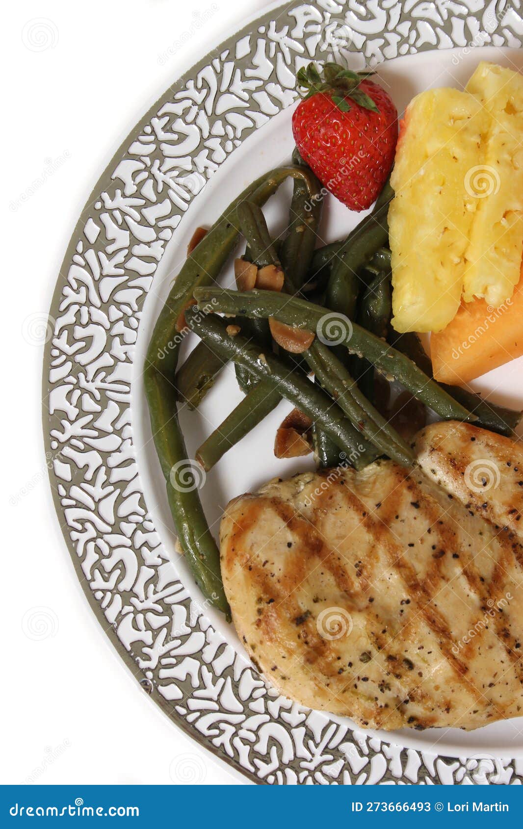 Chicken and Vegetable Dinner with Fruit at Wedding Isolated on White