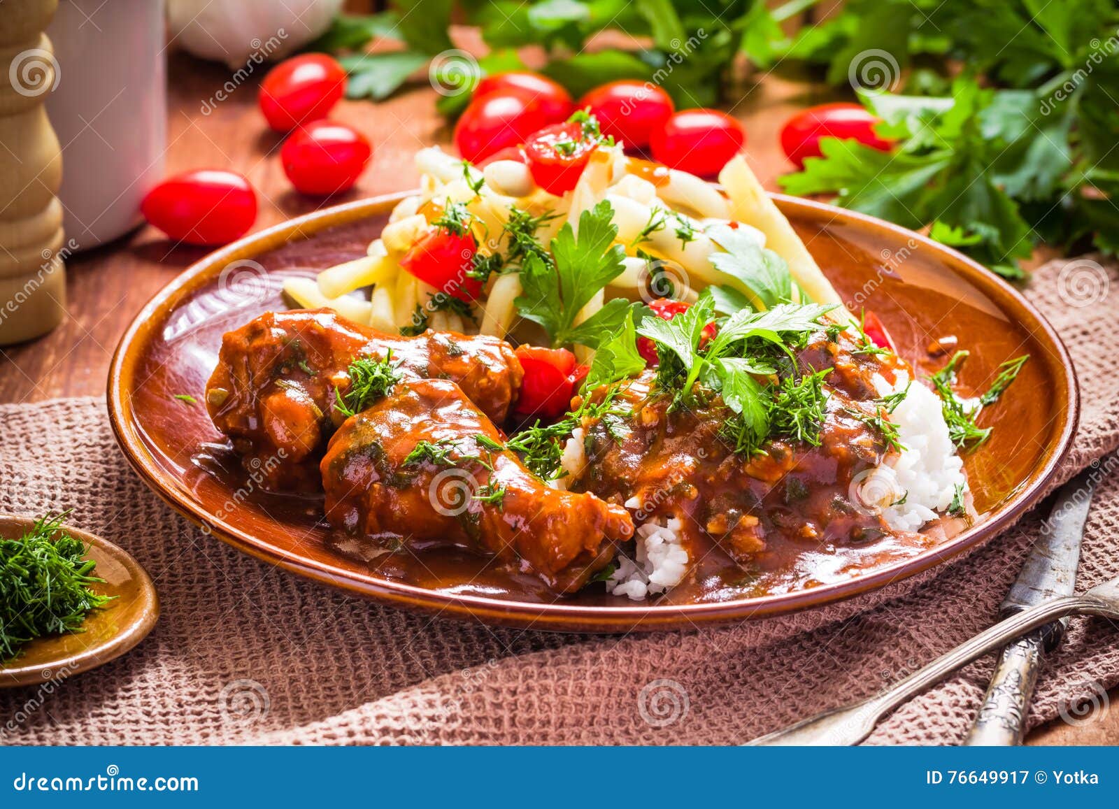 Chicken Wings Tomato Sauce Green Beans Rice Stock Image Image of