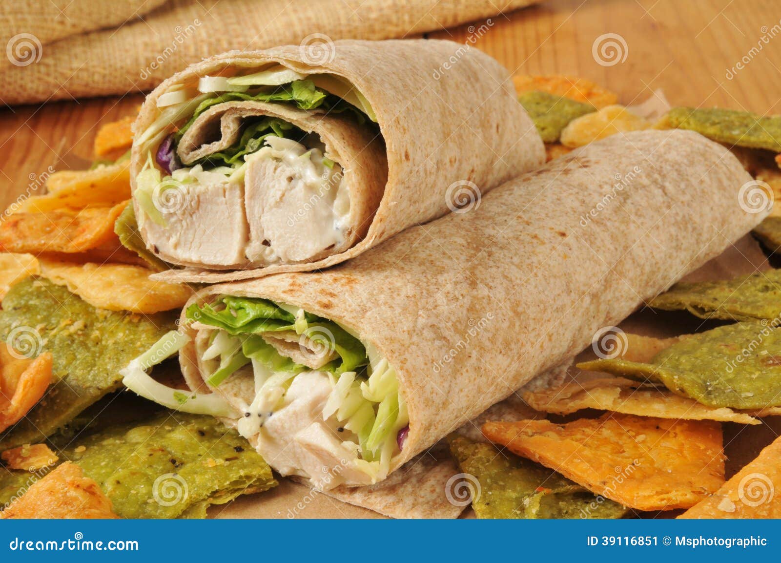 Chicken Wrap Sandwich on Veggie Tortilla Chips Stock Image Image of chips, rustic 39116851