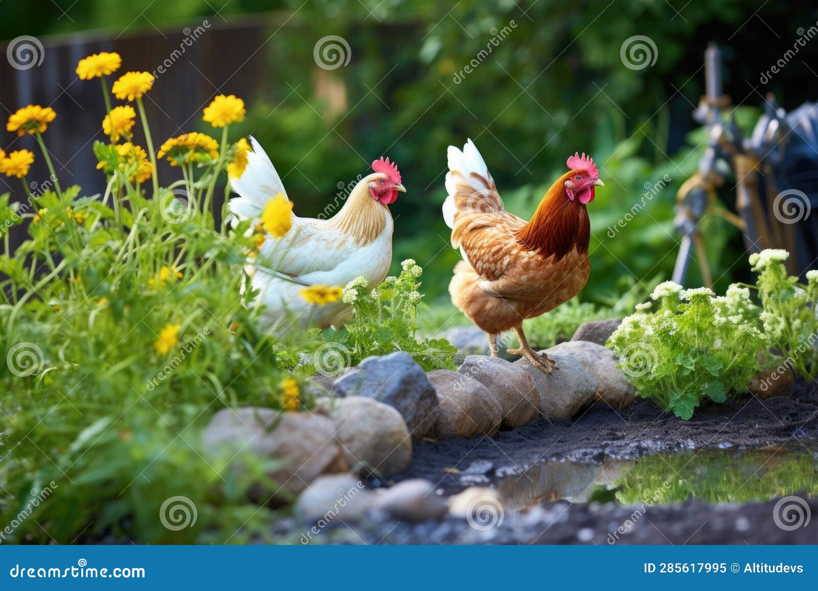 Chickens Enjoying a Vegetable Garden in a Backyard Setting Stock Image