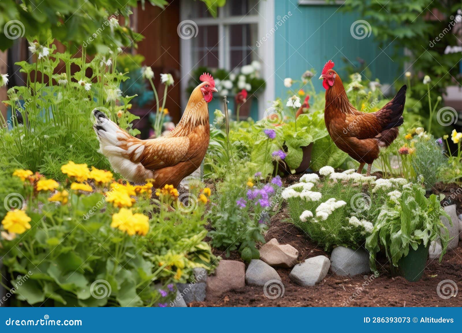 Chickens Enjoying a Vegetable Garden in a Backyard Setting Stock Image