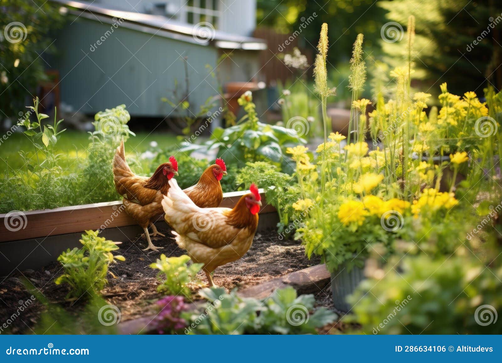 Chickens Enjoying a Vegetable Garden in a Backyard Setting Stock Photo