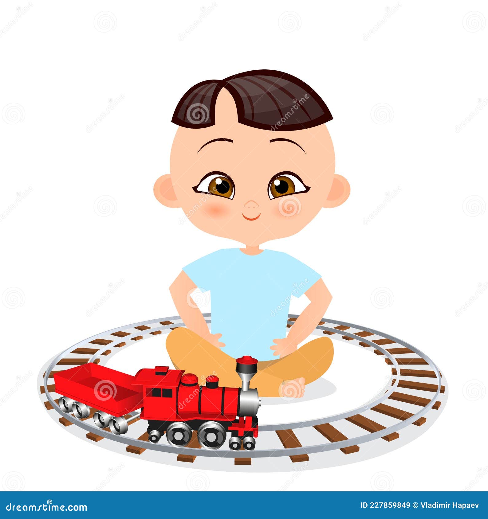Chico Japonés Con Tren De Juguete Niño Jugando Con El Tren Estilo De Dibujos Animados Planos 