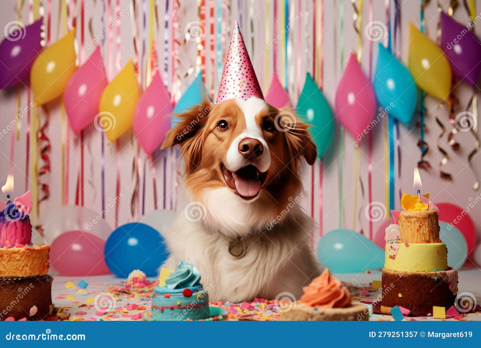 Chien Berger Australien Avec Chapeau Et Gâteau D'anniversaire Et