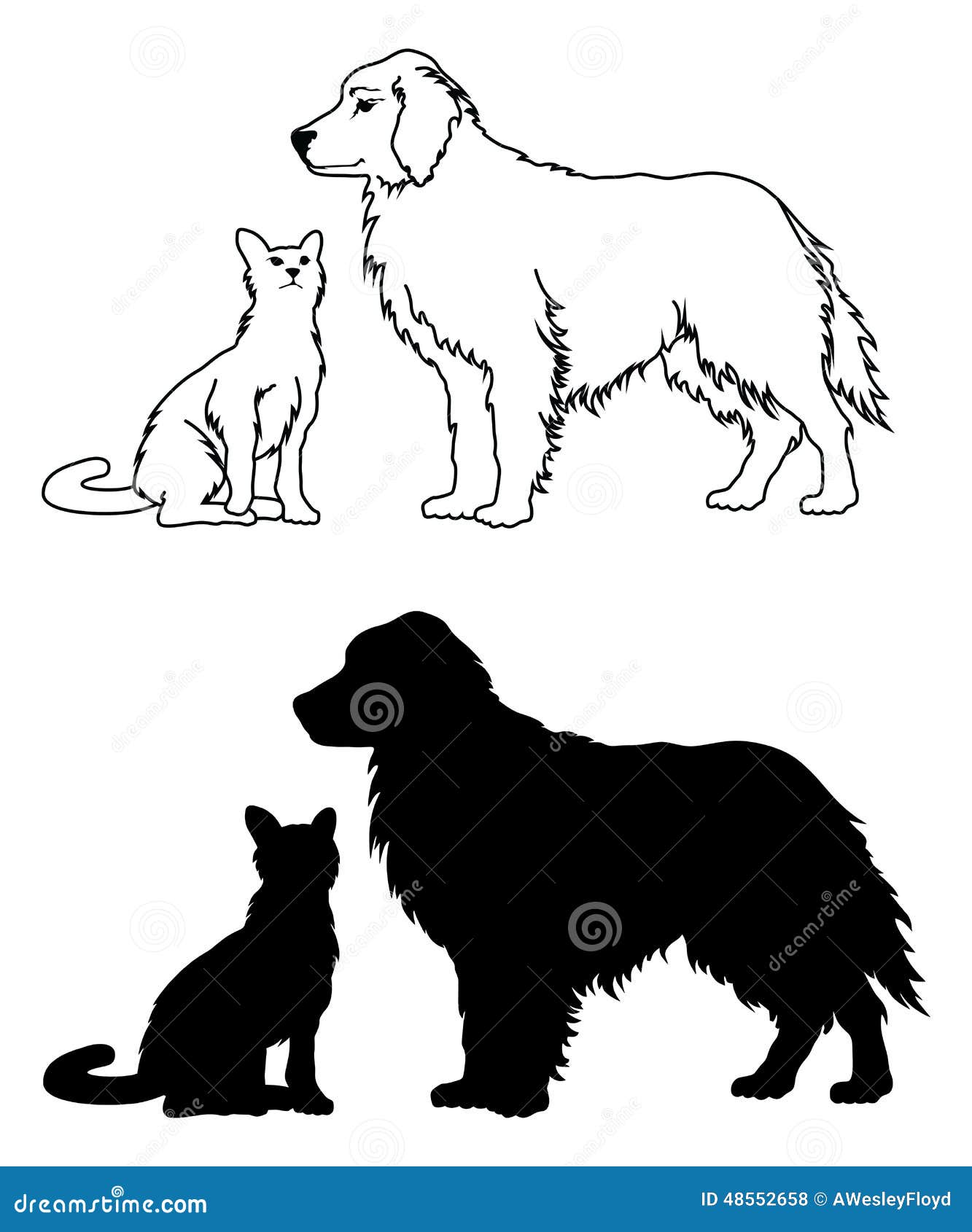 Chien et Cat Graphic Style. Illustration des graphiques noirs et blancs du chien deux et d'un chat On est sous une forme de dessin d'ensemble et l'autre est sous la forme de silhouette