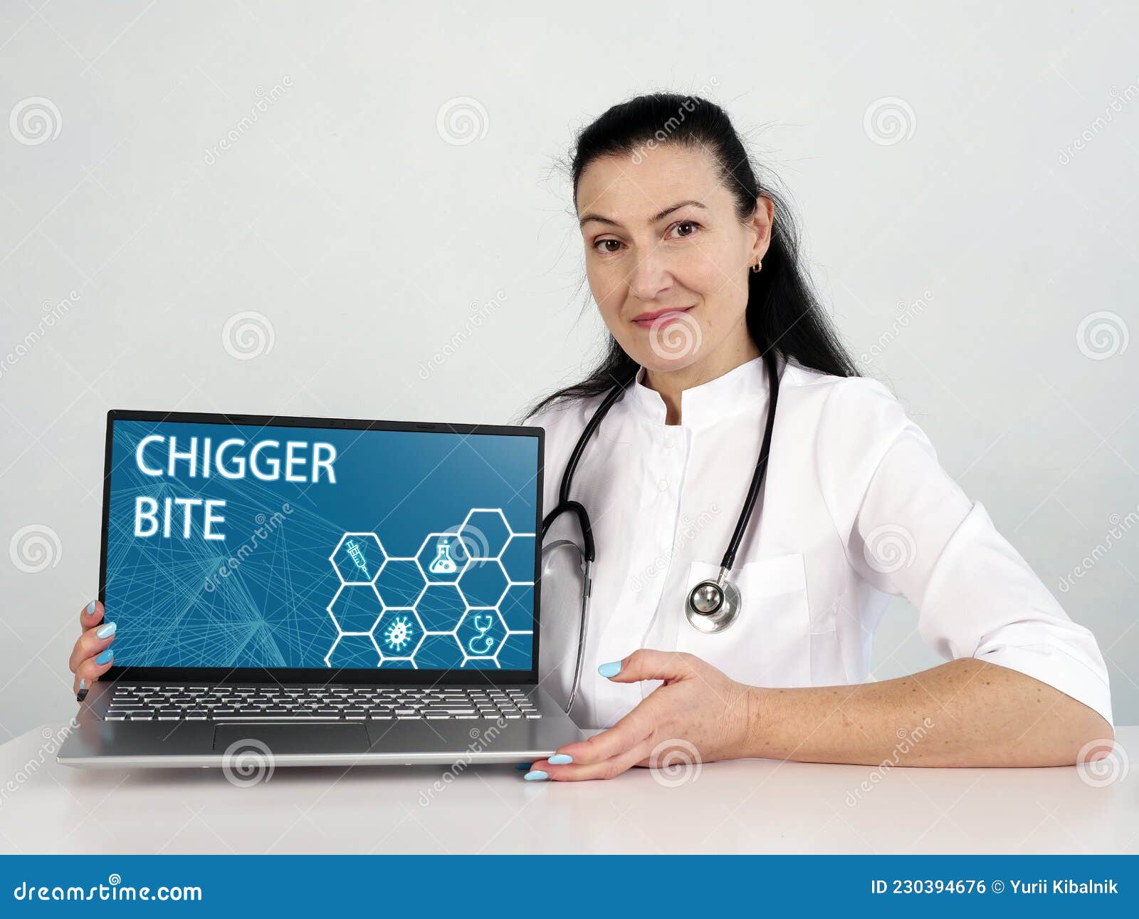 chigger bite text in menu. doctor looking for something at laptop