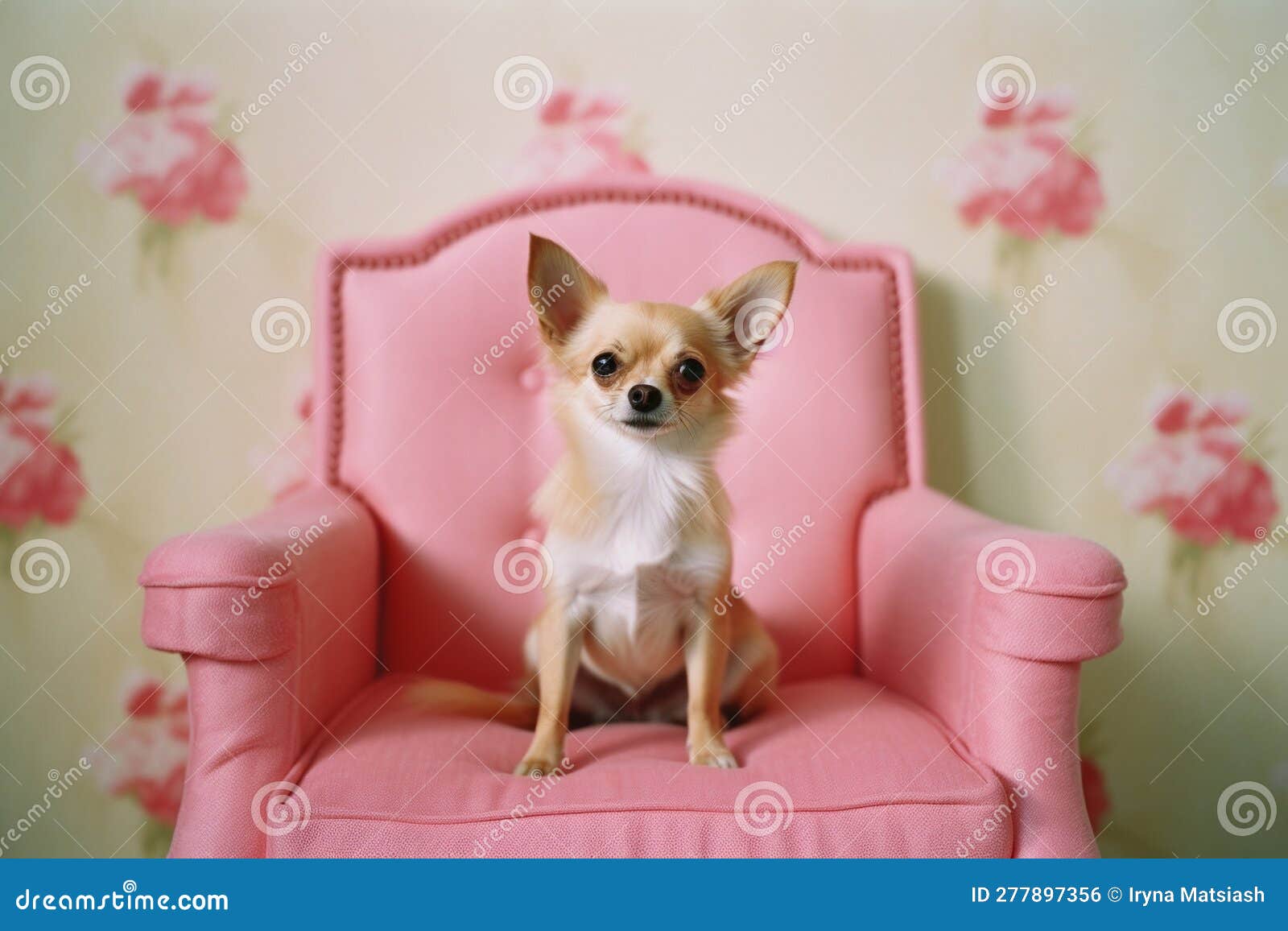 a small chihuahua dog sits next to a pink women's handbag, generative AI  Stock Illustration