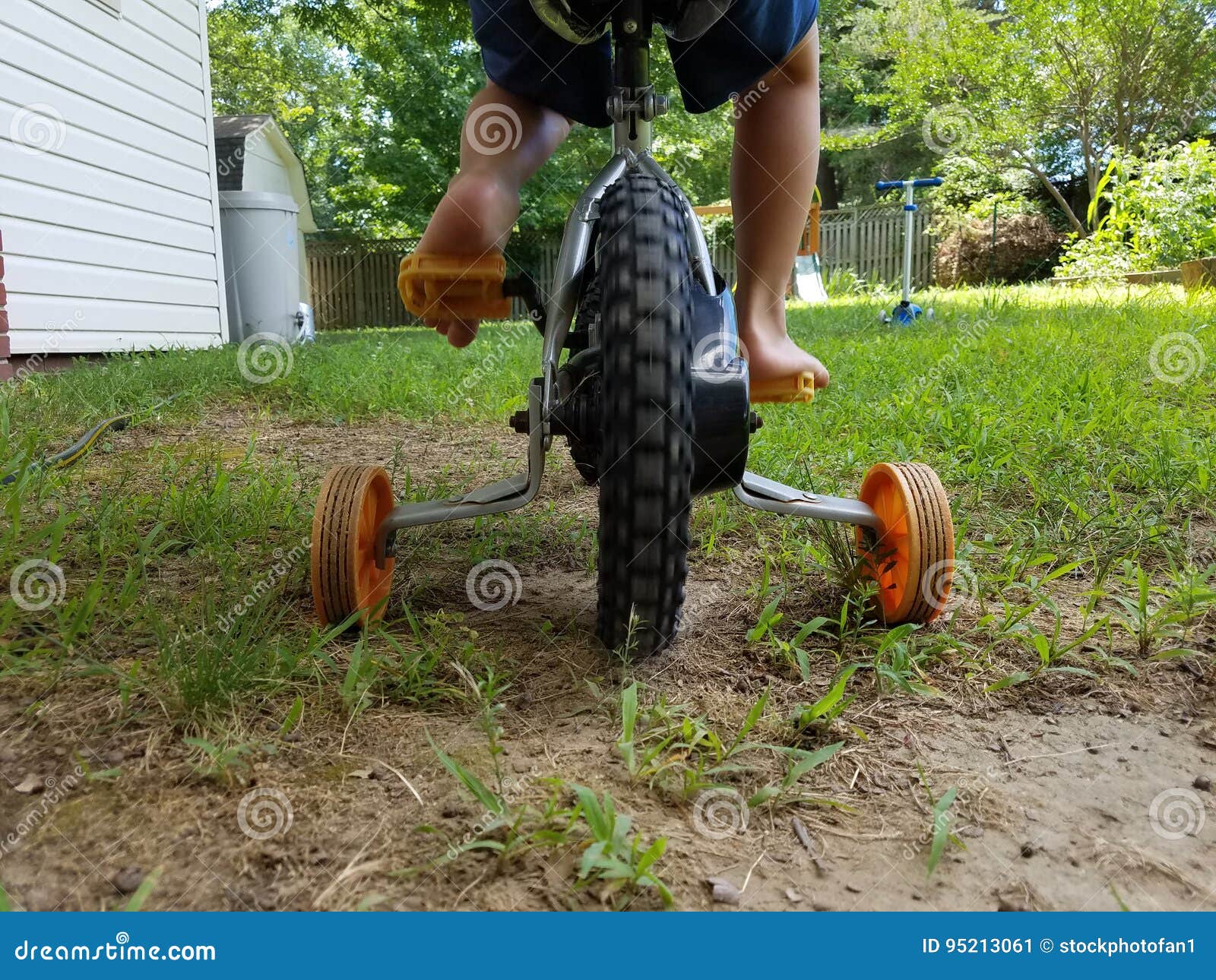 Child on Bike with Training Wheels in Dirt Stock Image Image of