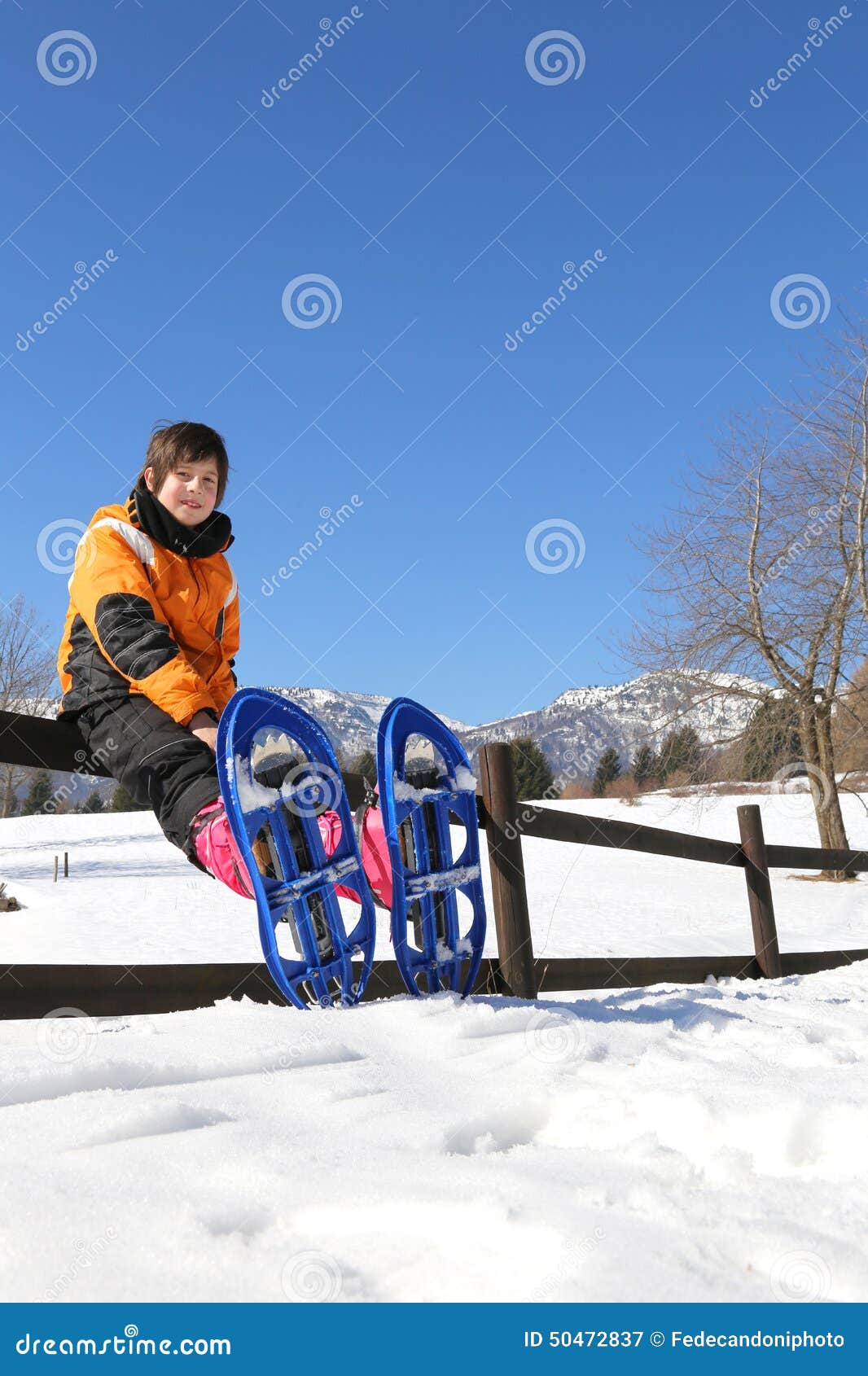 Child with Blue Snowshoes in the Mountains Stock Image Image of