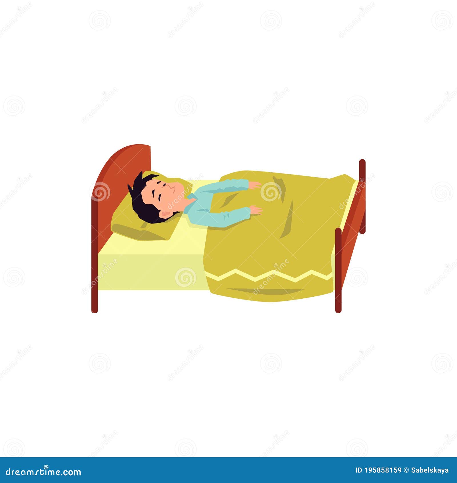 Child Boy Cartoon Character Sleeping in Bed Flat Vector Illustration