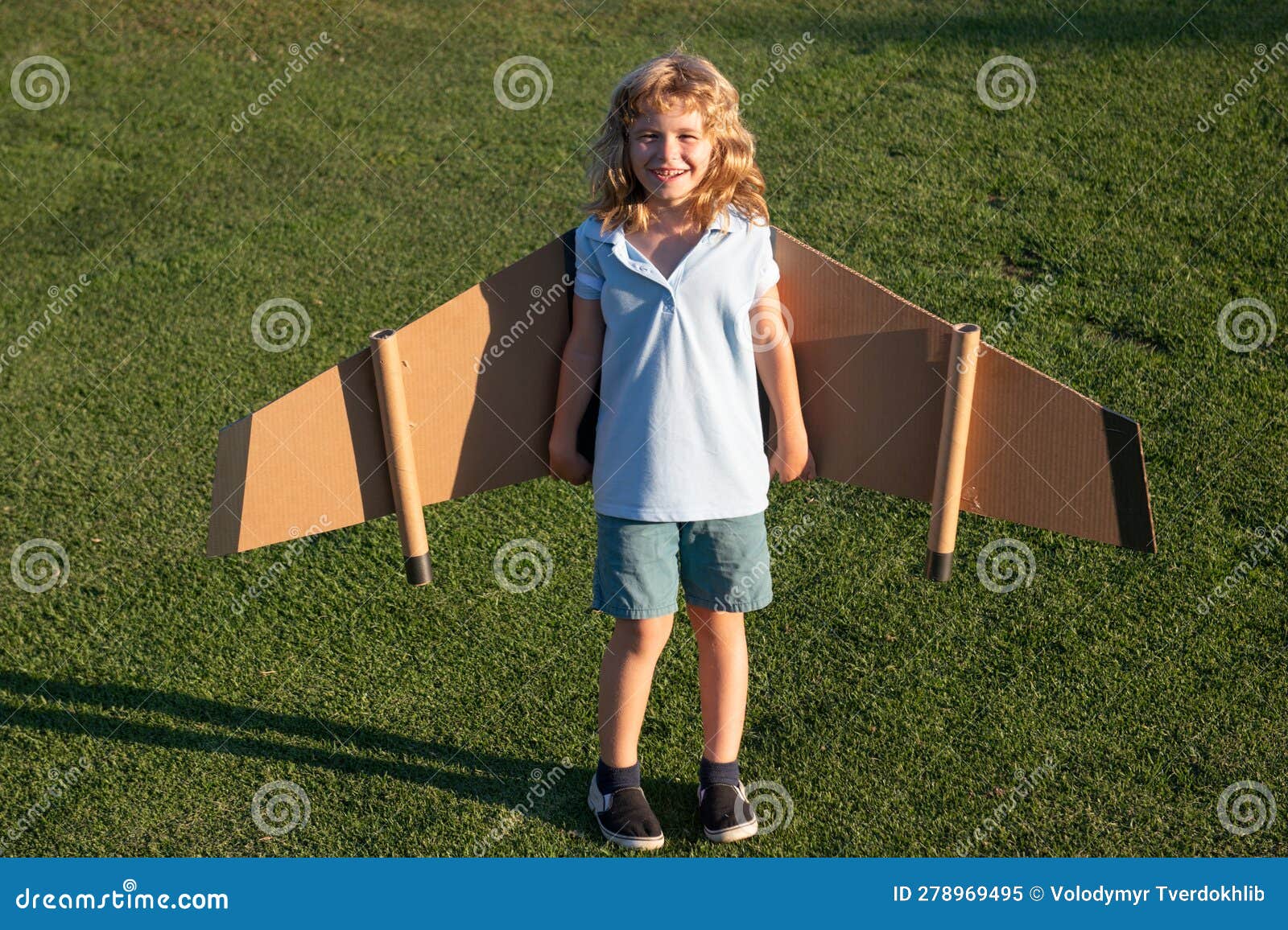 Child Boy Playing with Toy Airplane Wings. Dream of Becoming a Pilot ...