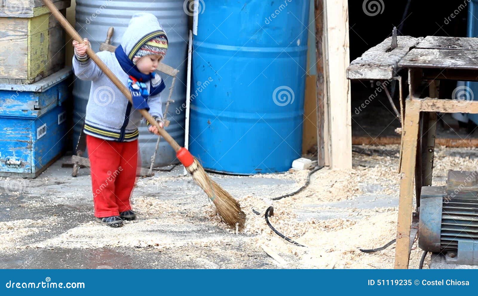 Child with broom stock video. Video of sweeping, sawdust 51119235