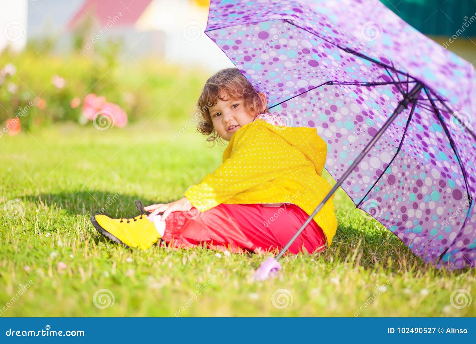 Rainy Day. Happy Toddler Girl Wearing Waterproof Coat with Umbrella ...