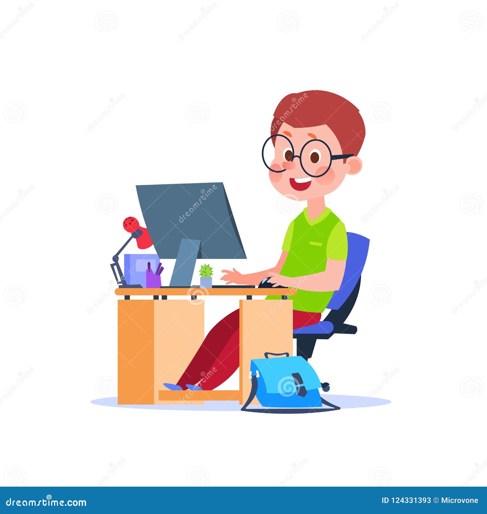 Child At Computer Cartoon Boy Learning At Desk With Laptop