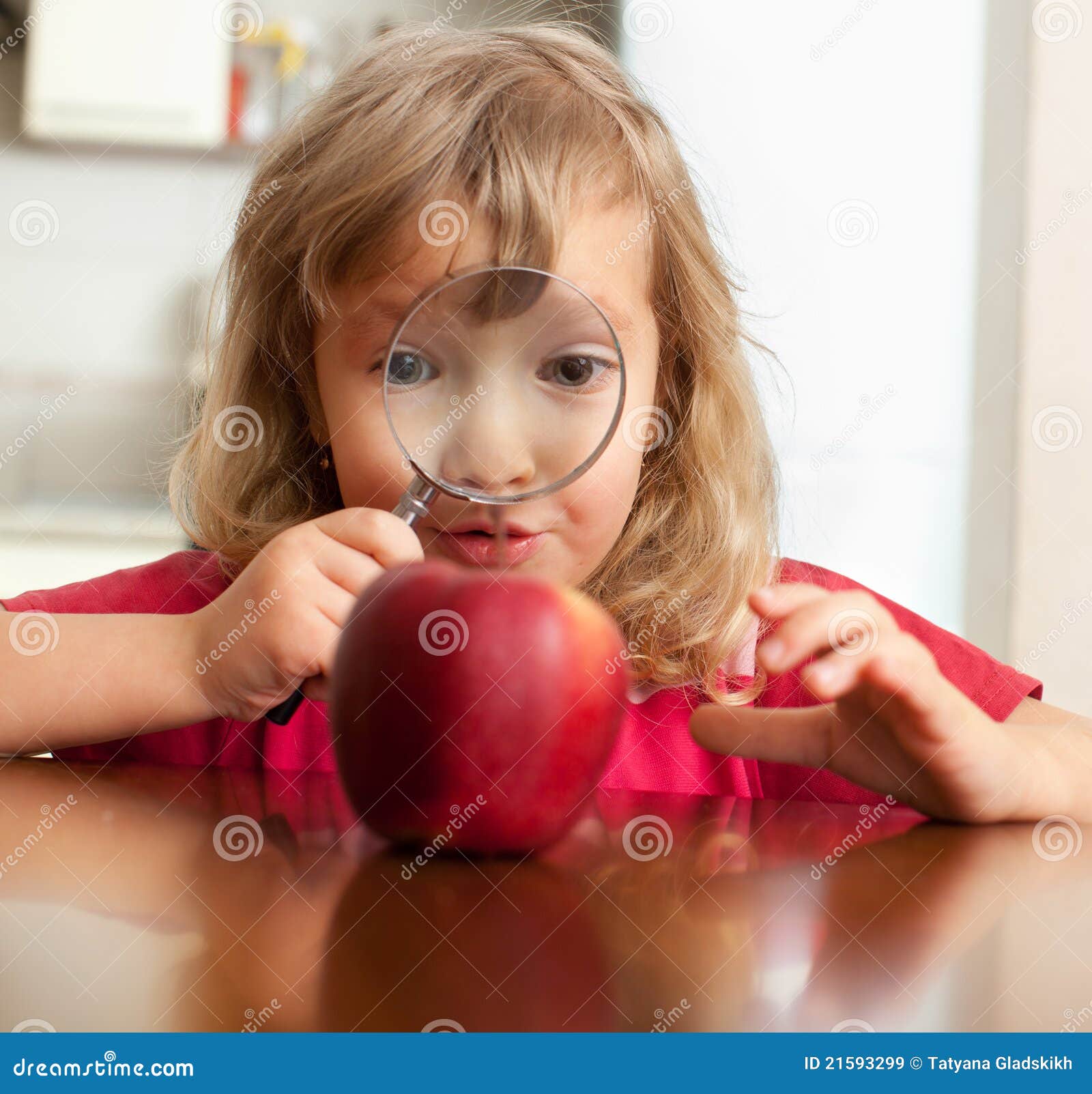 Child are Considering a Magnifying Glass Apple Stock Image Image of