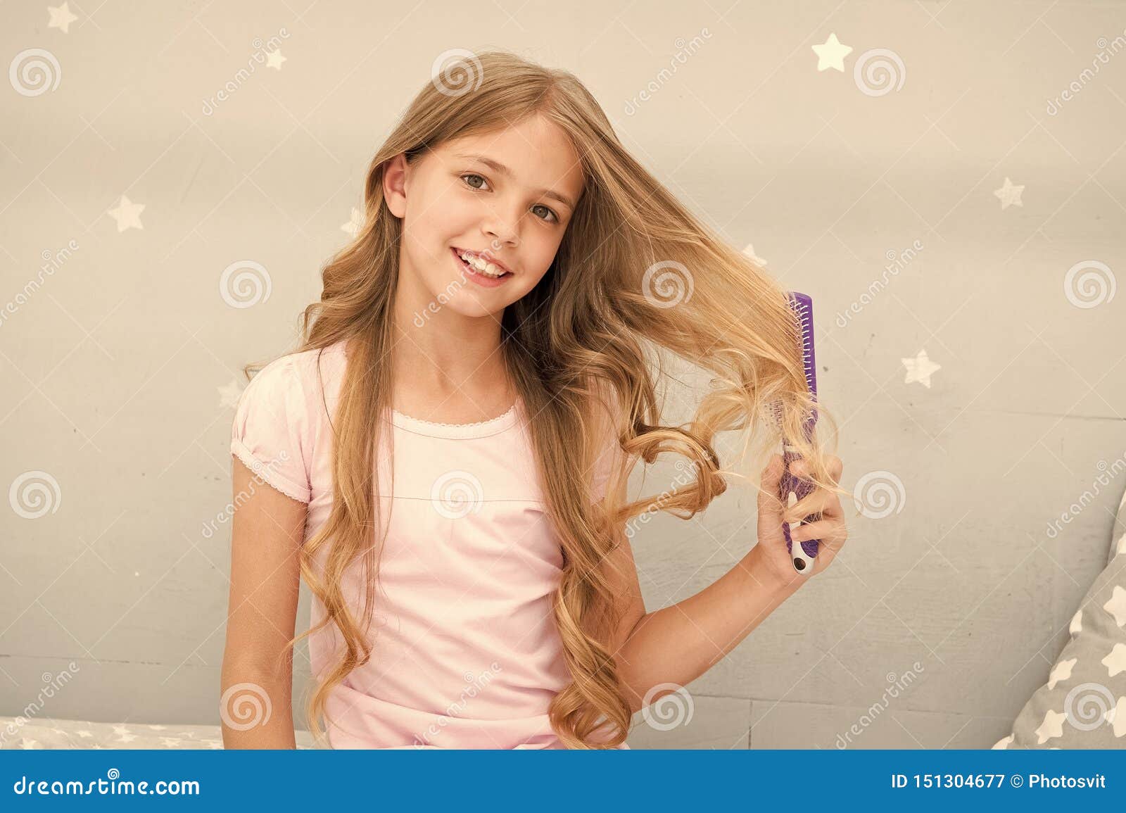 Child Curly Hairstyle Hold Hairbrush or Comb. Comb Hair before Go To Sleep.  Hairdressing Habits Concept Stock Image - Image of curly, natural: 151304677