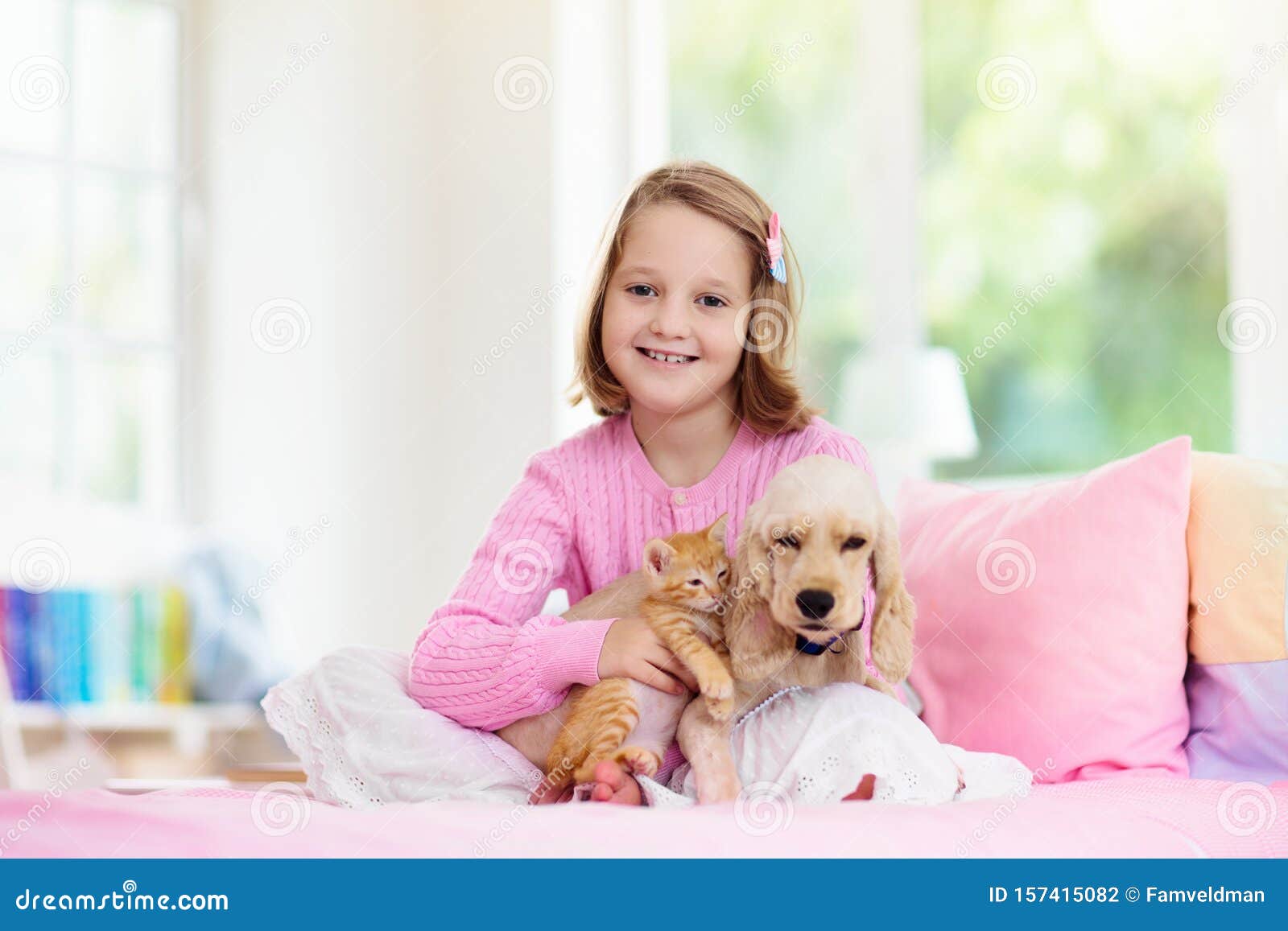 Child, Dog and Cat. Kids Play with Puppy, Kitten Stock Photo - Image of ...