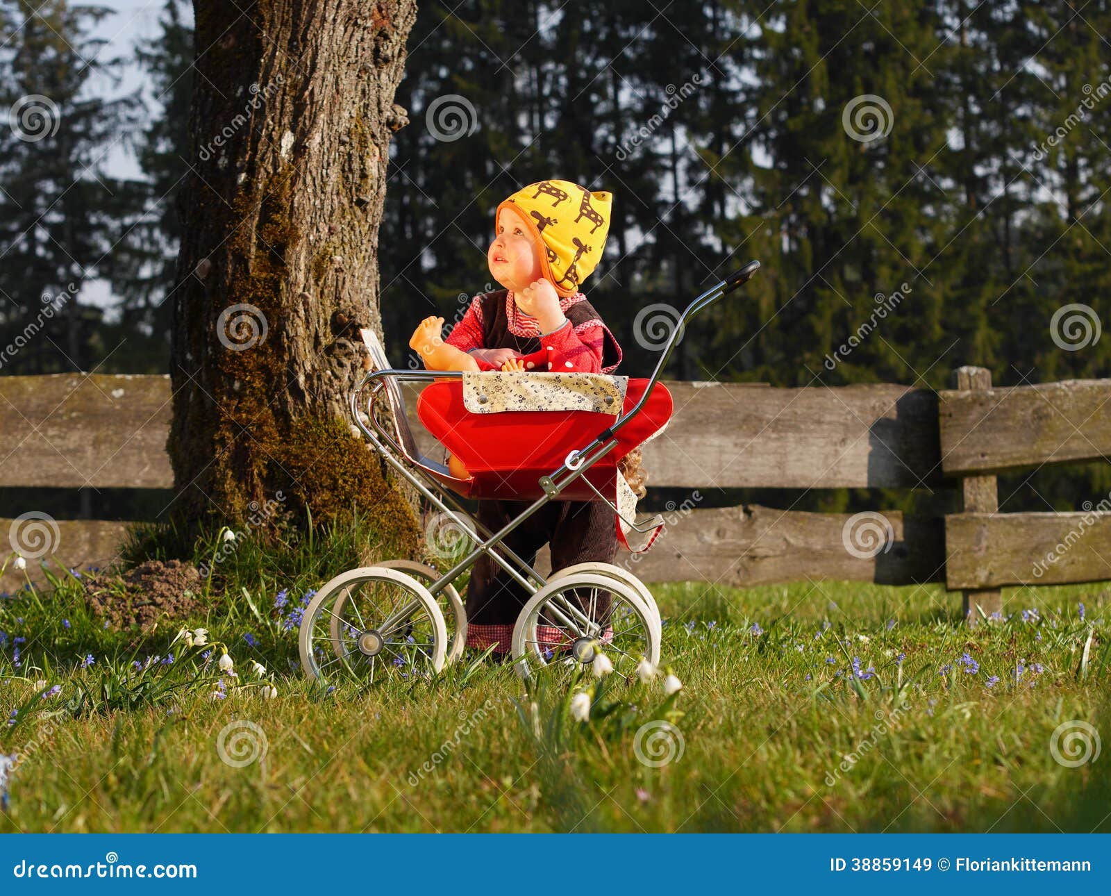 Child with doll carriage stock image. Image of baby, nature 38859149