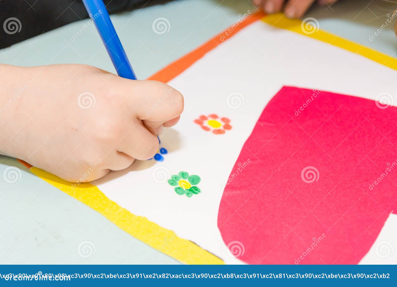 Child draw a postcard. Children are engaged in needlework. The girl signs a postcard on 14 February. St. Valentine s Day.