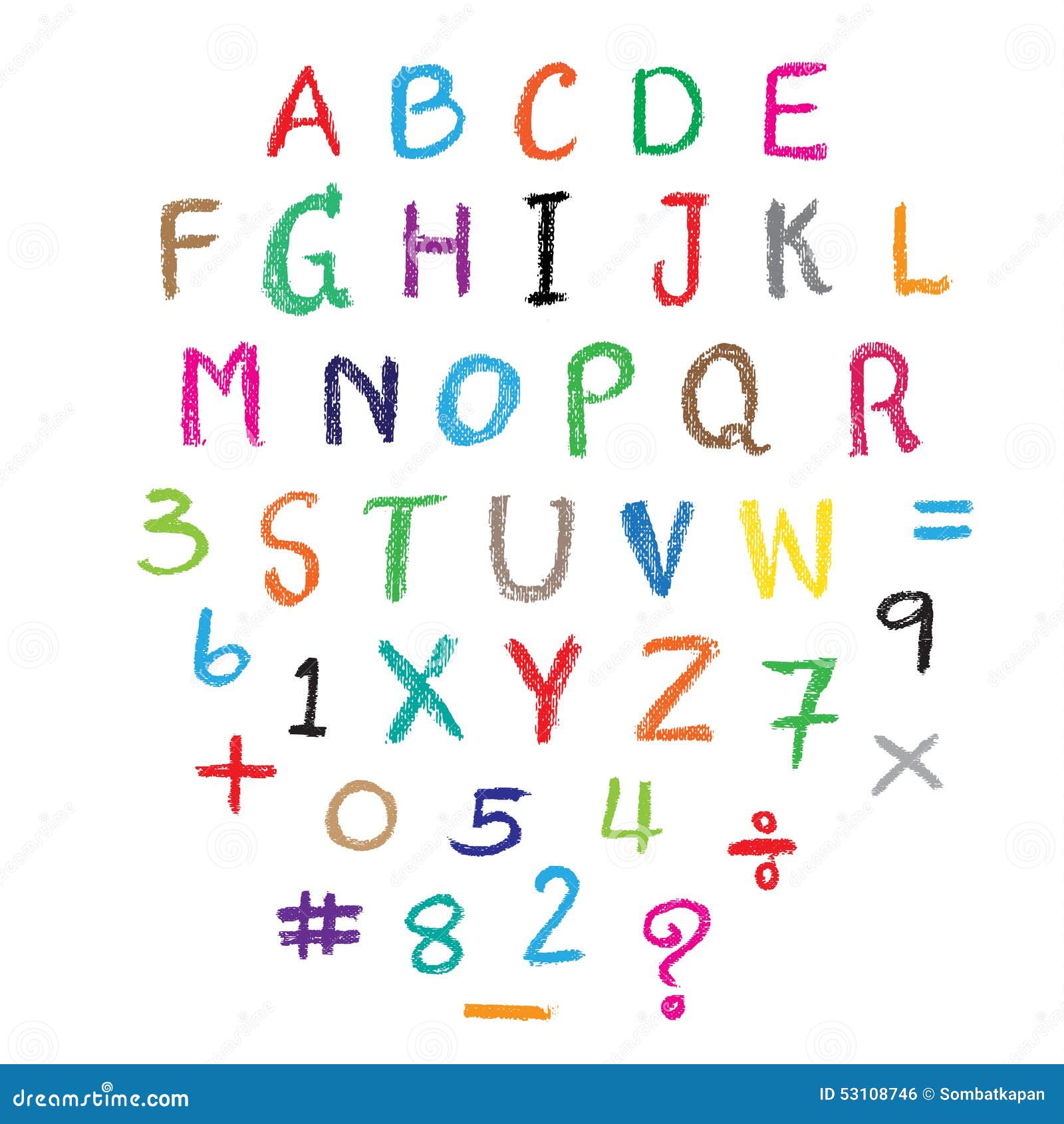 Child Drawing Of Alphabet Font Made With Wax Crayons. Stock