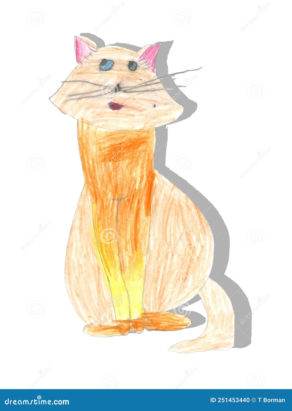 Child Drawing Ginger Cat with Pencil Vector Hand Drawn Illustration