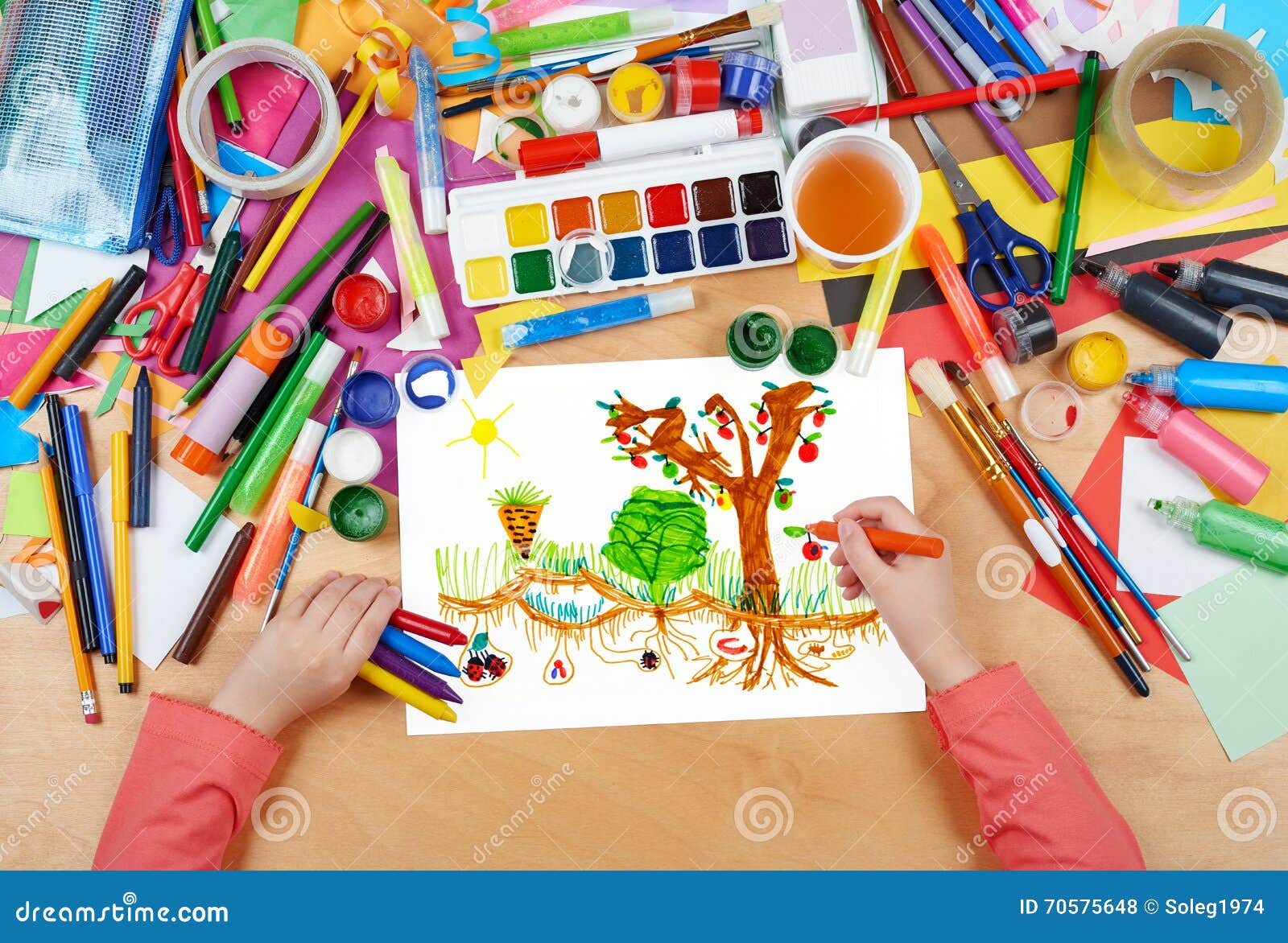 Child Drawing Kitchen Garden With Vegetables , Top View ...