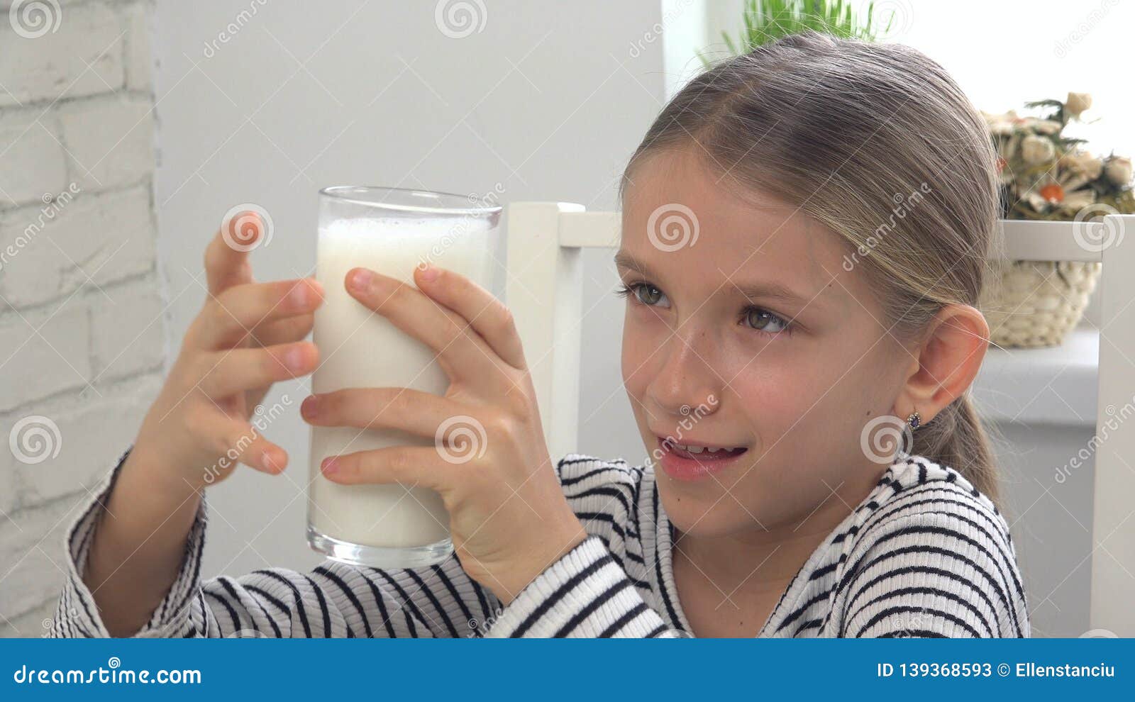 Child Drinking Milk at Breakfast in Kitchen, Girl Tasting Dairy ...