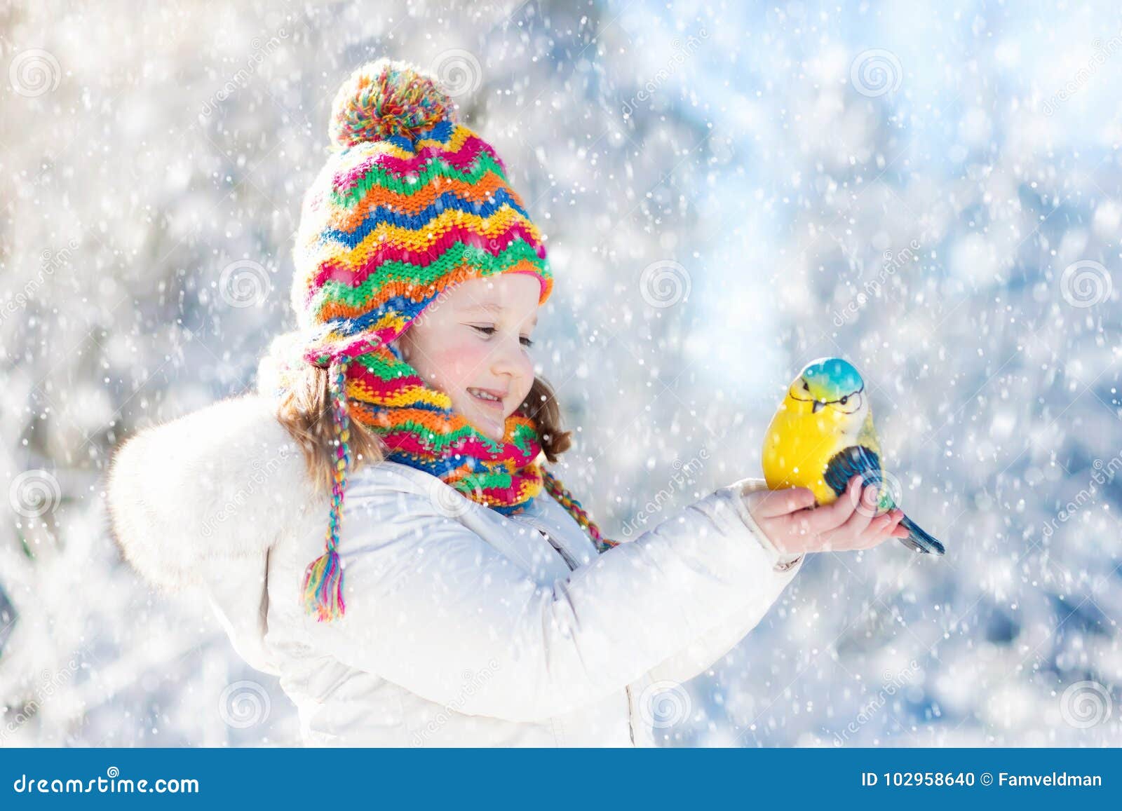 kubiske Bær Velkendt Child Feeding Bird in Winter Park. Kids Play in Snow. Nature and Stock  Photo - Image of animal, mittens: 102958640