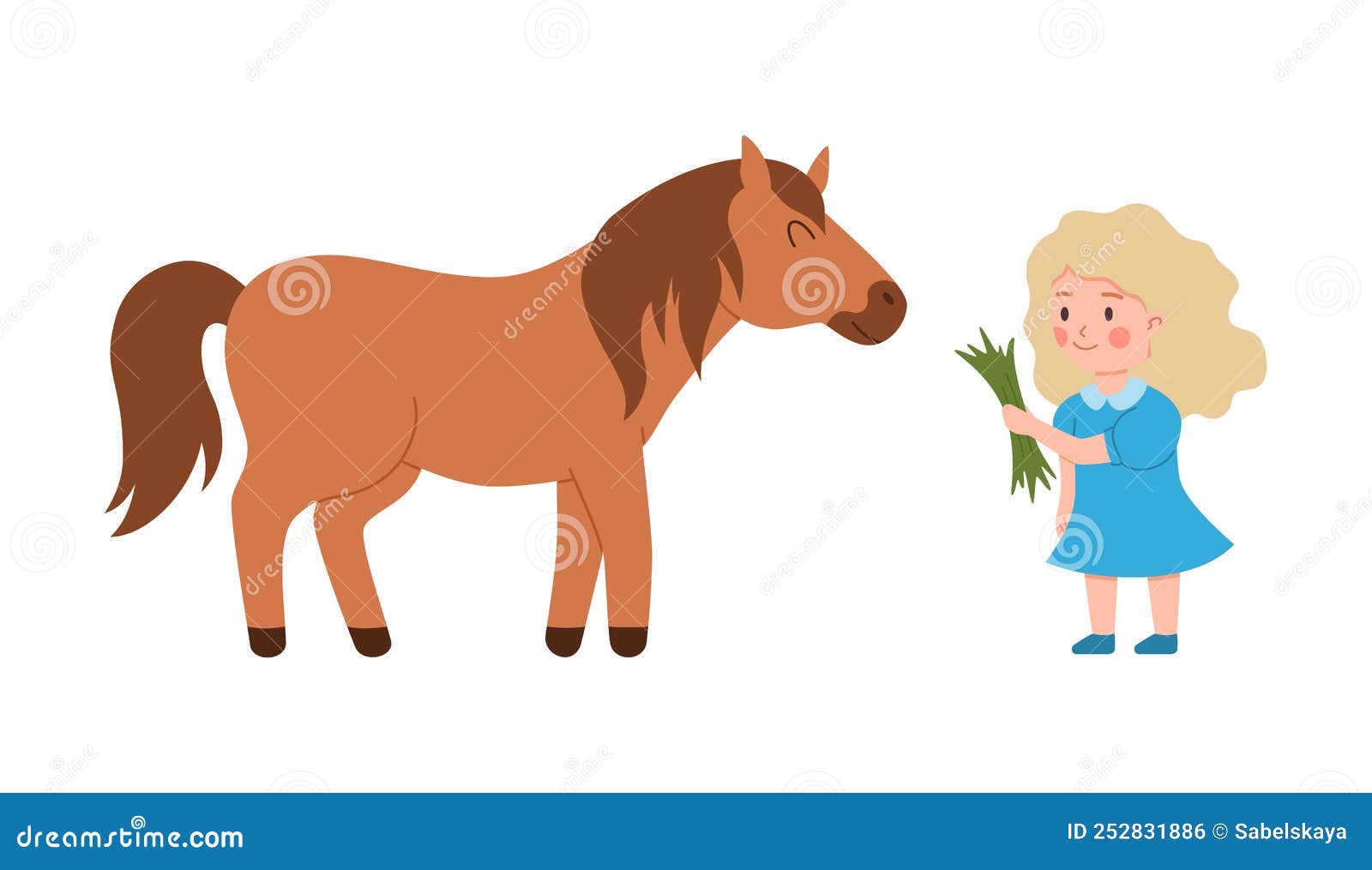 Child Feeding Grass Pony Horse, Flat Cartoon Vector Illustration ...