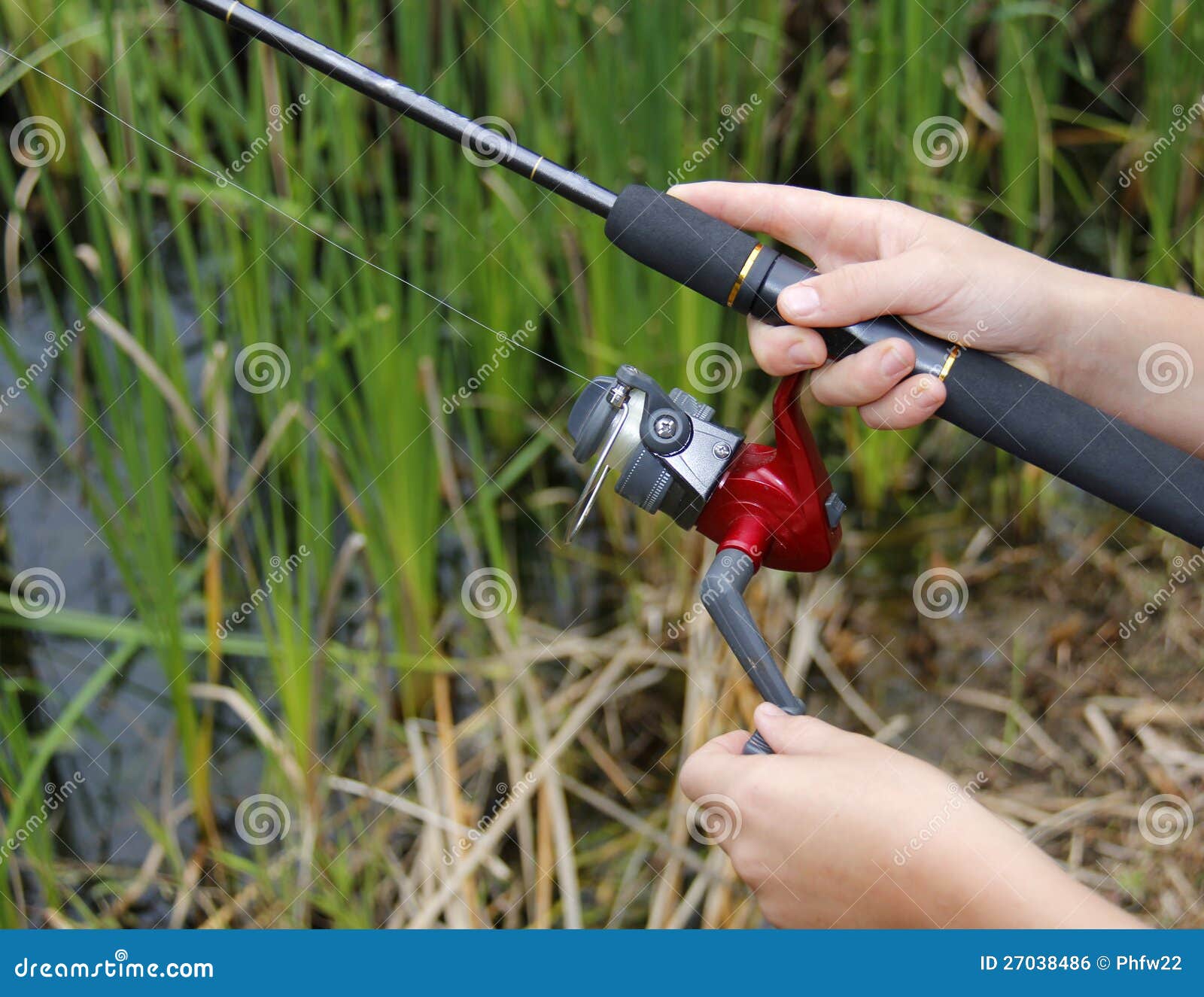 Child fishing reel stock photo. Image of hand, fish, pond 27038486