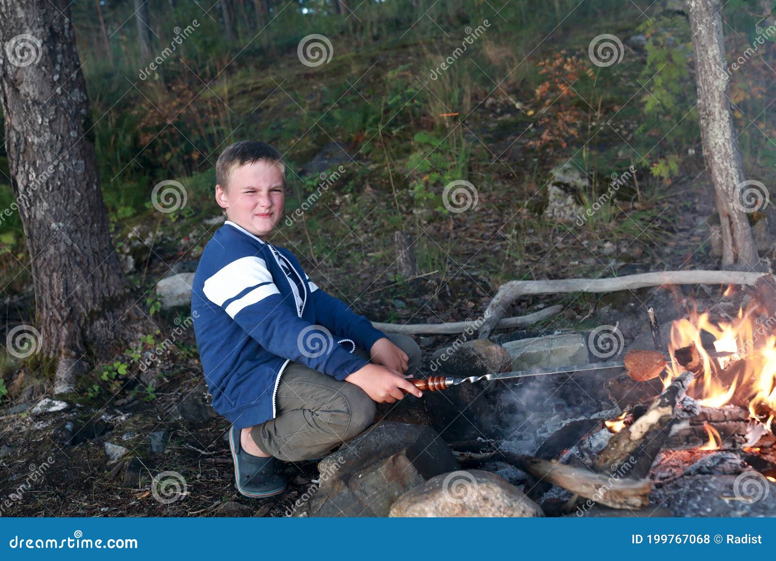 Child Frying Bread Over Fire in Forest Stock Photo Image of karelia