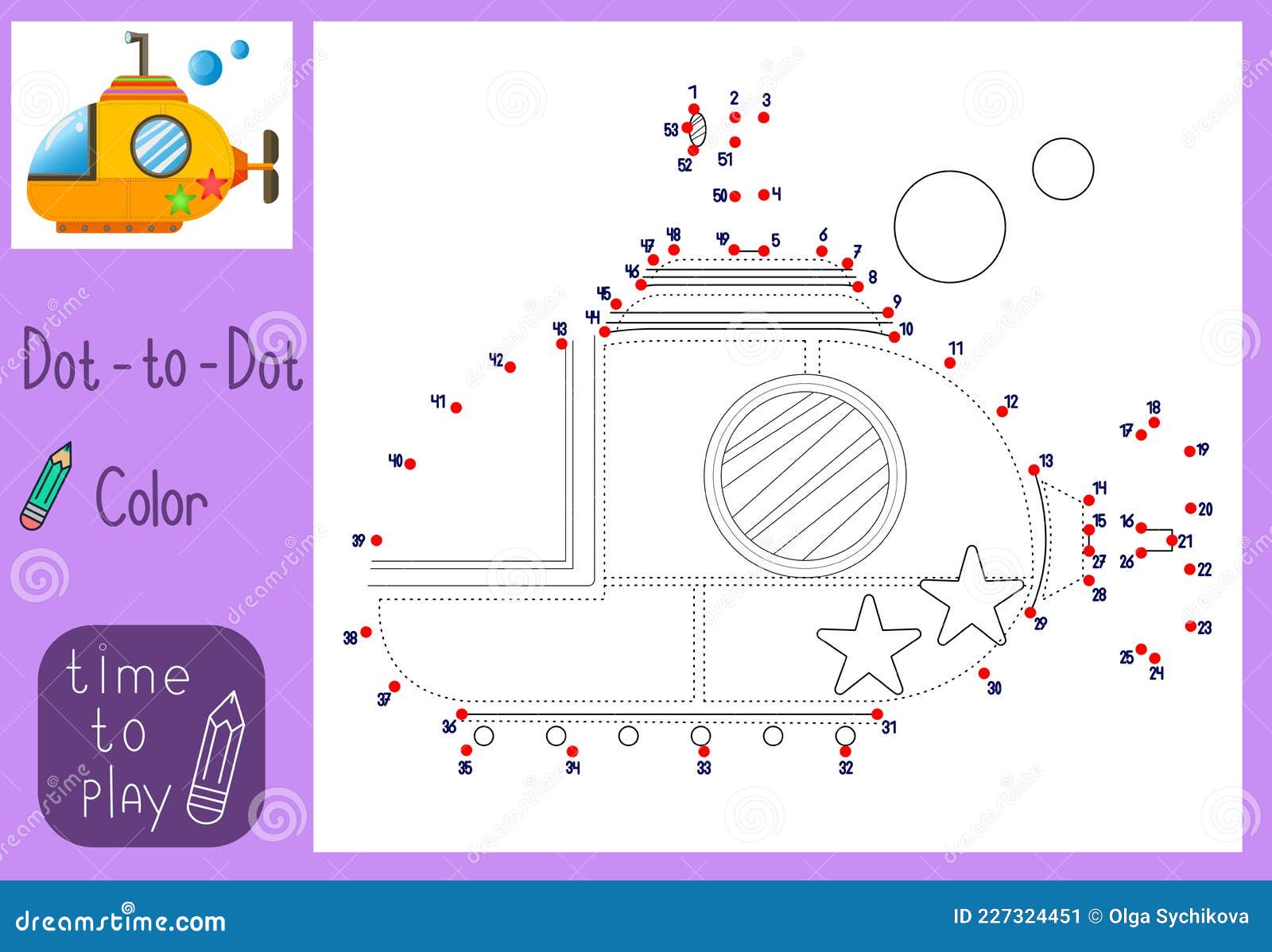 Child Game. Connect the Dots. Submarine. Colors Stock Vector