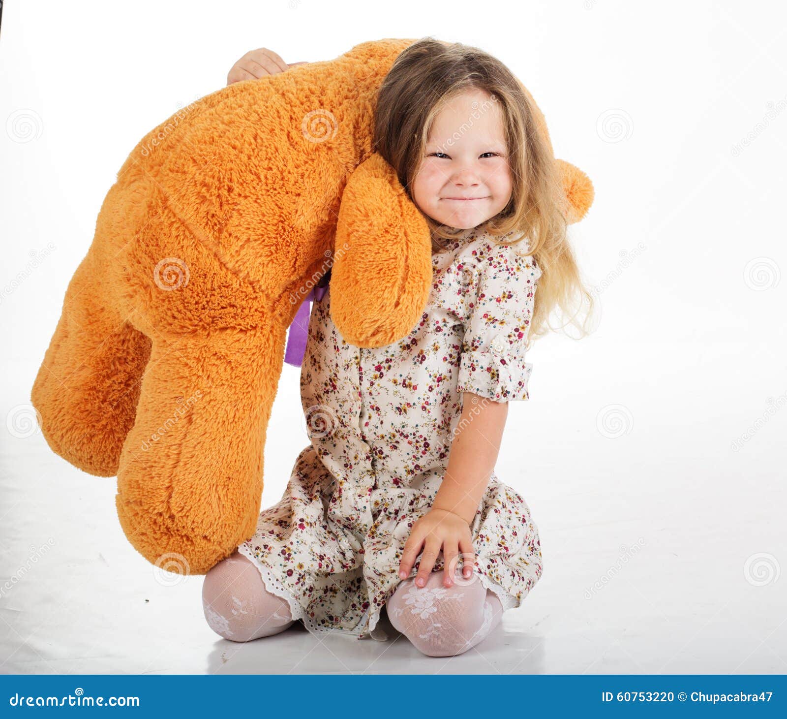 Child Girl with Big Brown Teddy Bear, Studio Stock Photo - Image of ...
