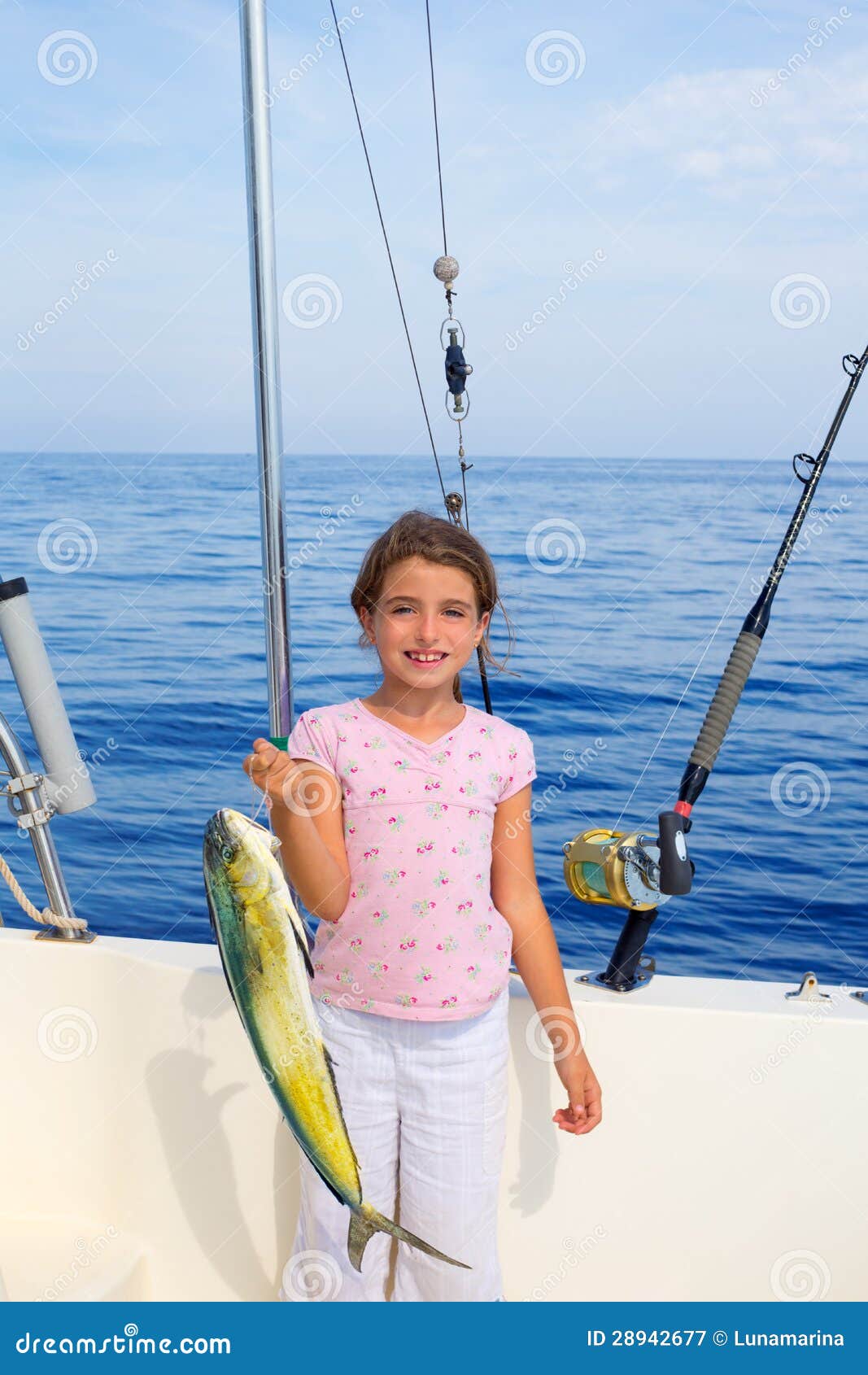 Child Girl Fishing In Boat With Mahi Mahi Dorado Fish Catch Stock Image  Image: 28942677