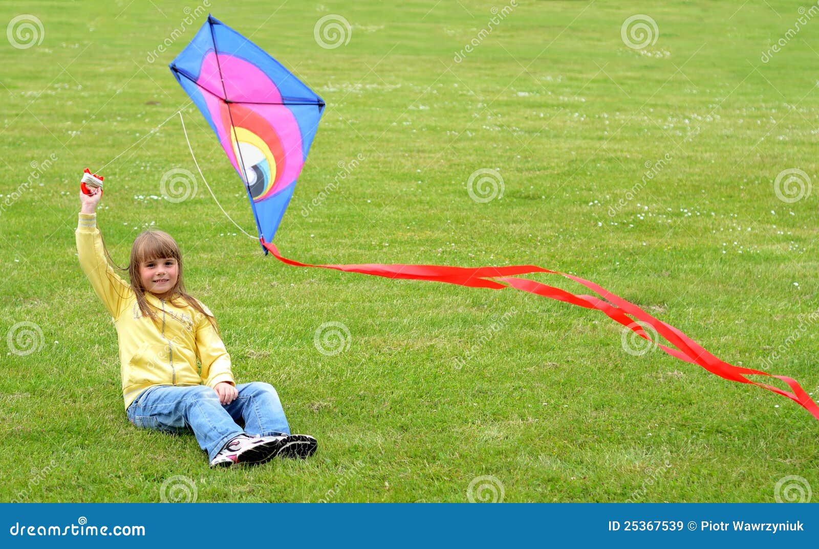Child girl plays with kite stock image. Image of long 25367539