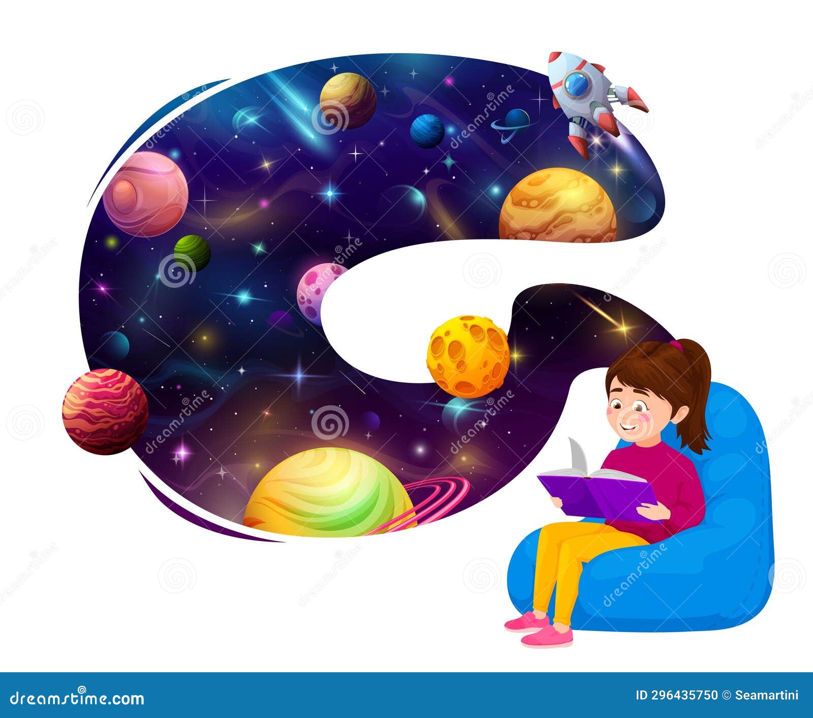 Child Girl Reading Book and Dreaming about Space Stock Illustration ...