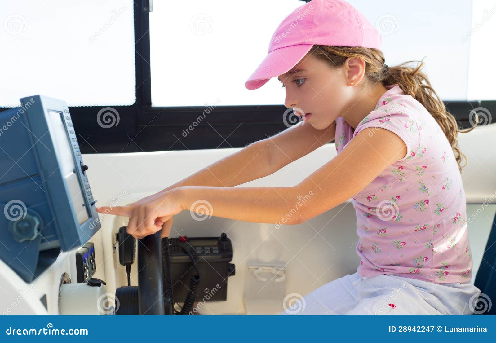 Child Girl Sailing Steering The Boat Wheel Stock Image - Image of