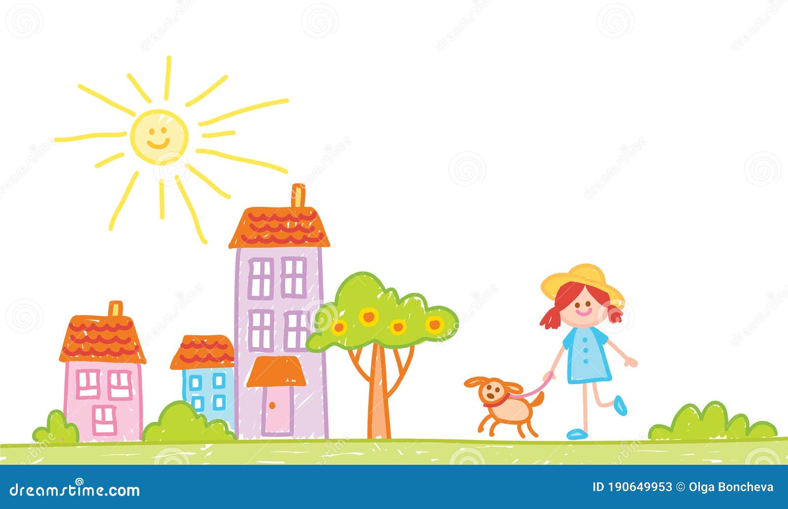 Child Hand Drawn Illusration with Sun, Tree, Buildings, Dog and Girl Stock  Vector - Illustration of doggy, activity: 190649953