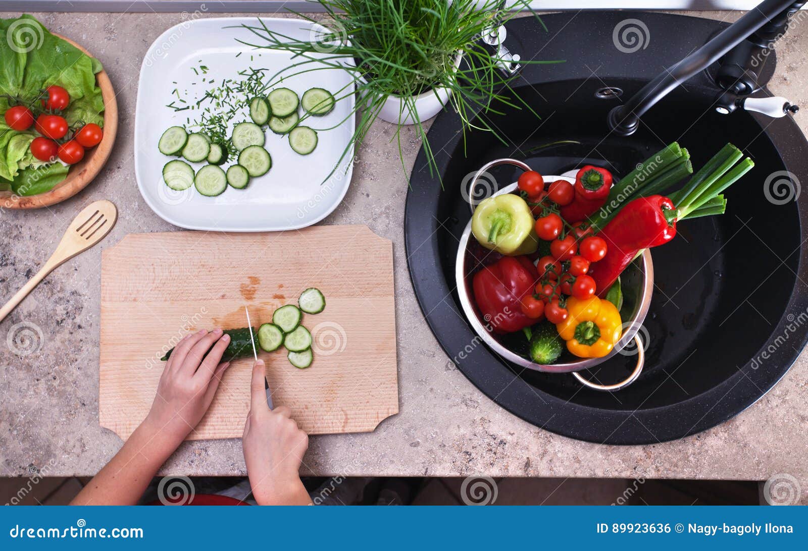 Child Hands Chopping Vegetables On Cutting Board Slicing