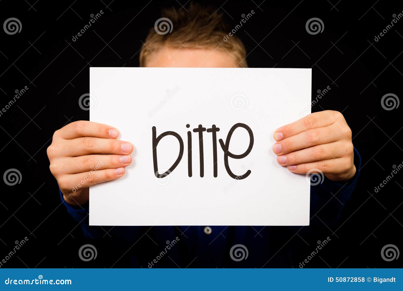 Child Holding Sign with German Word Bitte Please Stock Photo Image