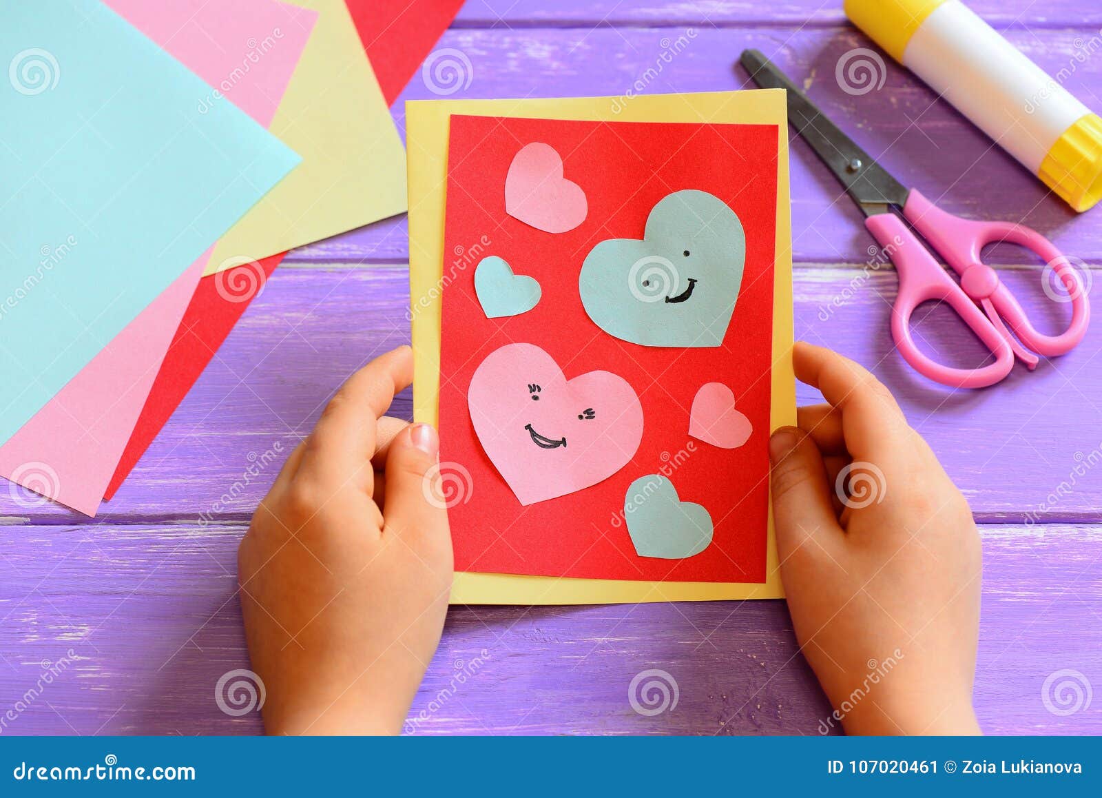 Child Is Holding A Valentines Greeting Card In His Hands Child Is Showing A Valentines Greeting Card Simple Paper Crafts Stock Image Image Of Idea Crafts
