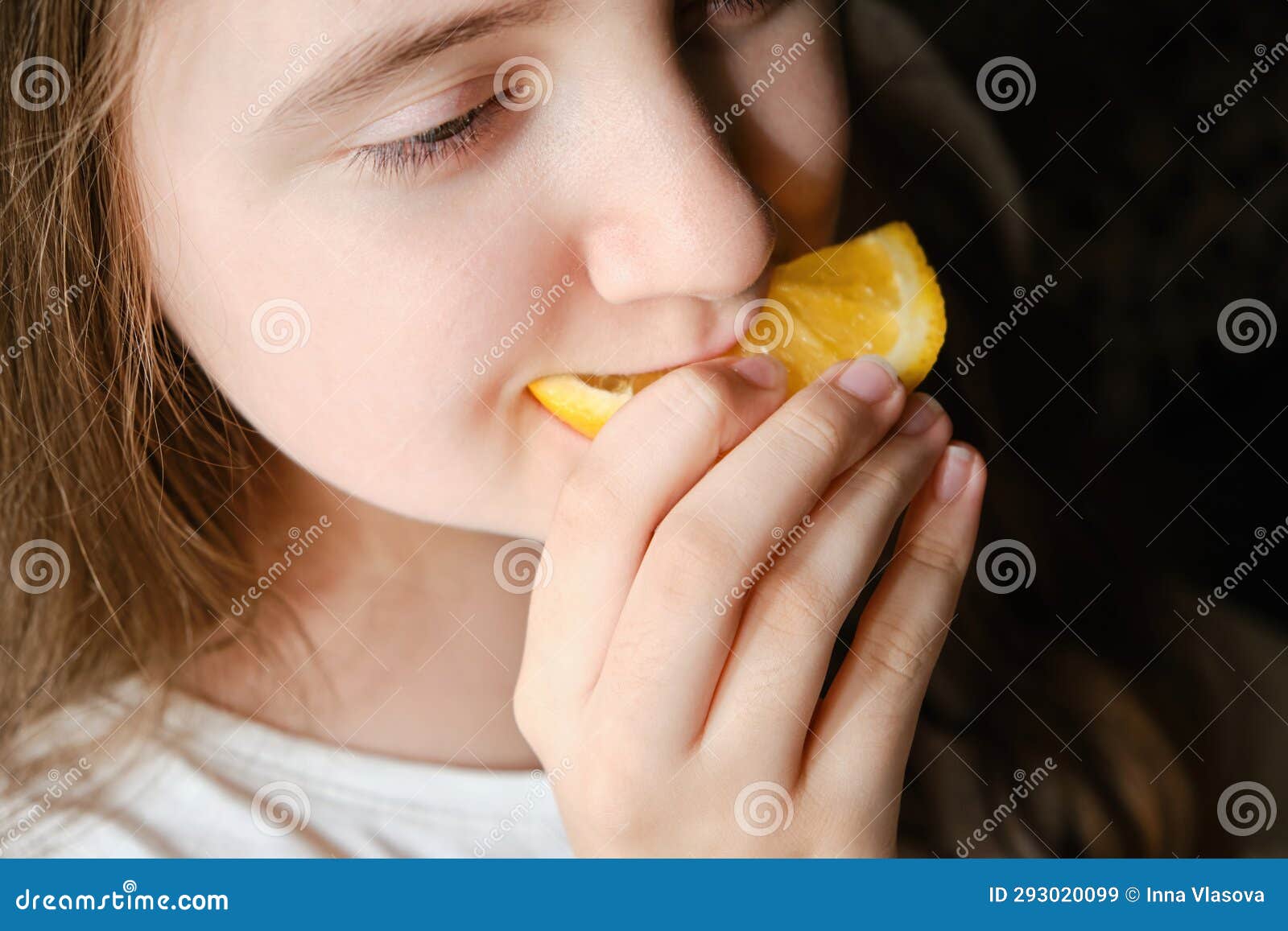 Child With Oranges Happy Little Girl With Fruit At Home Stock Image