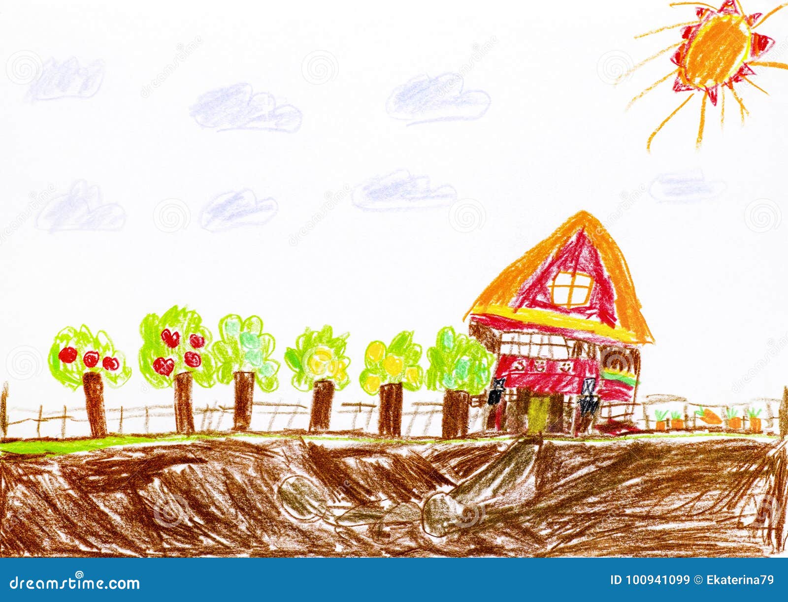 Colorful Drawing: Sunny Day,a Small Cute House Next To a Tree. Stock Image  - Image of house, family: 176400891