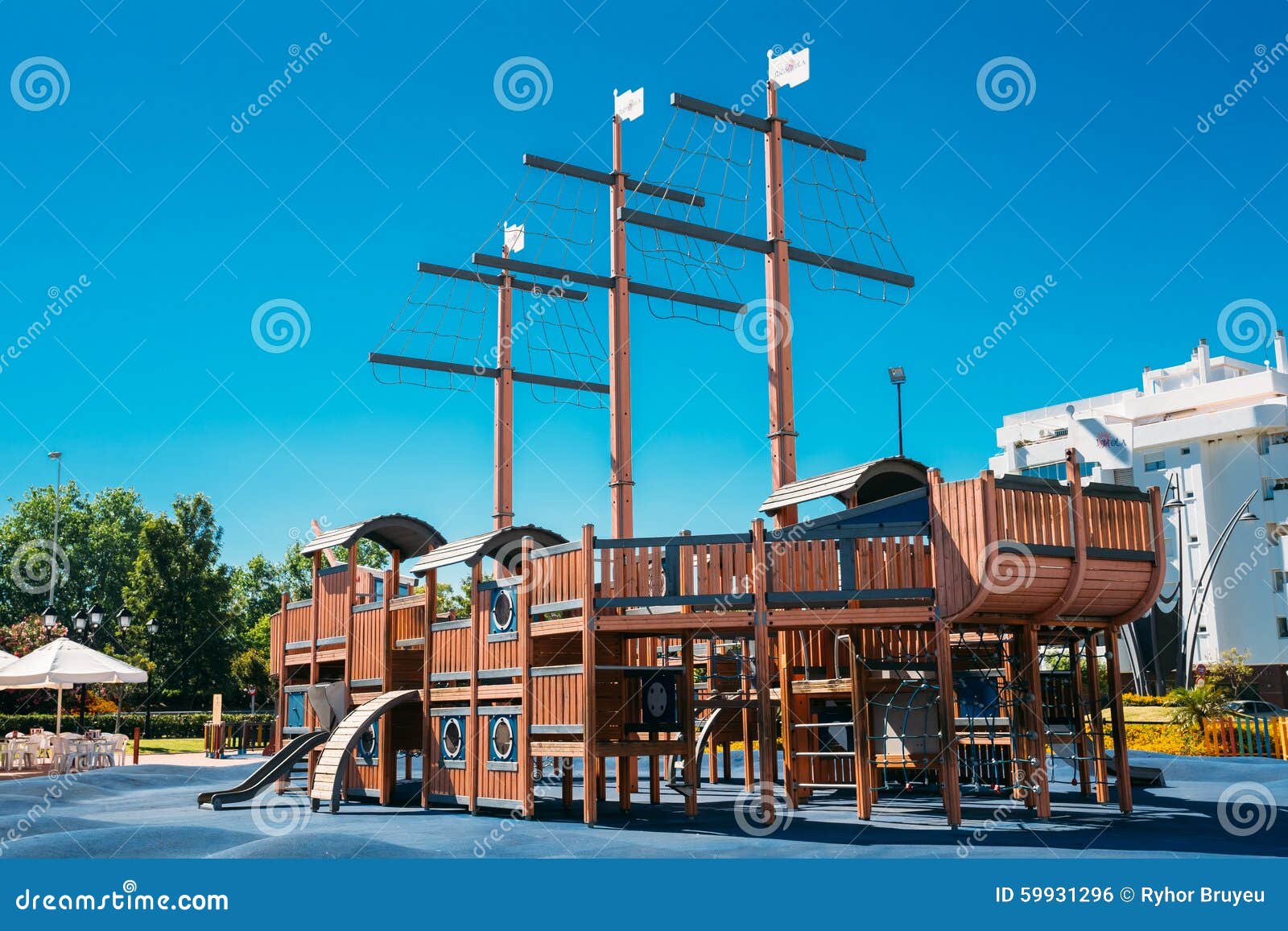 Child Playground Shaped Old Wooden Pirate Ship In ...