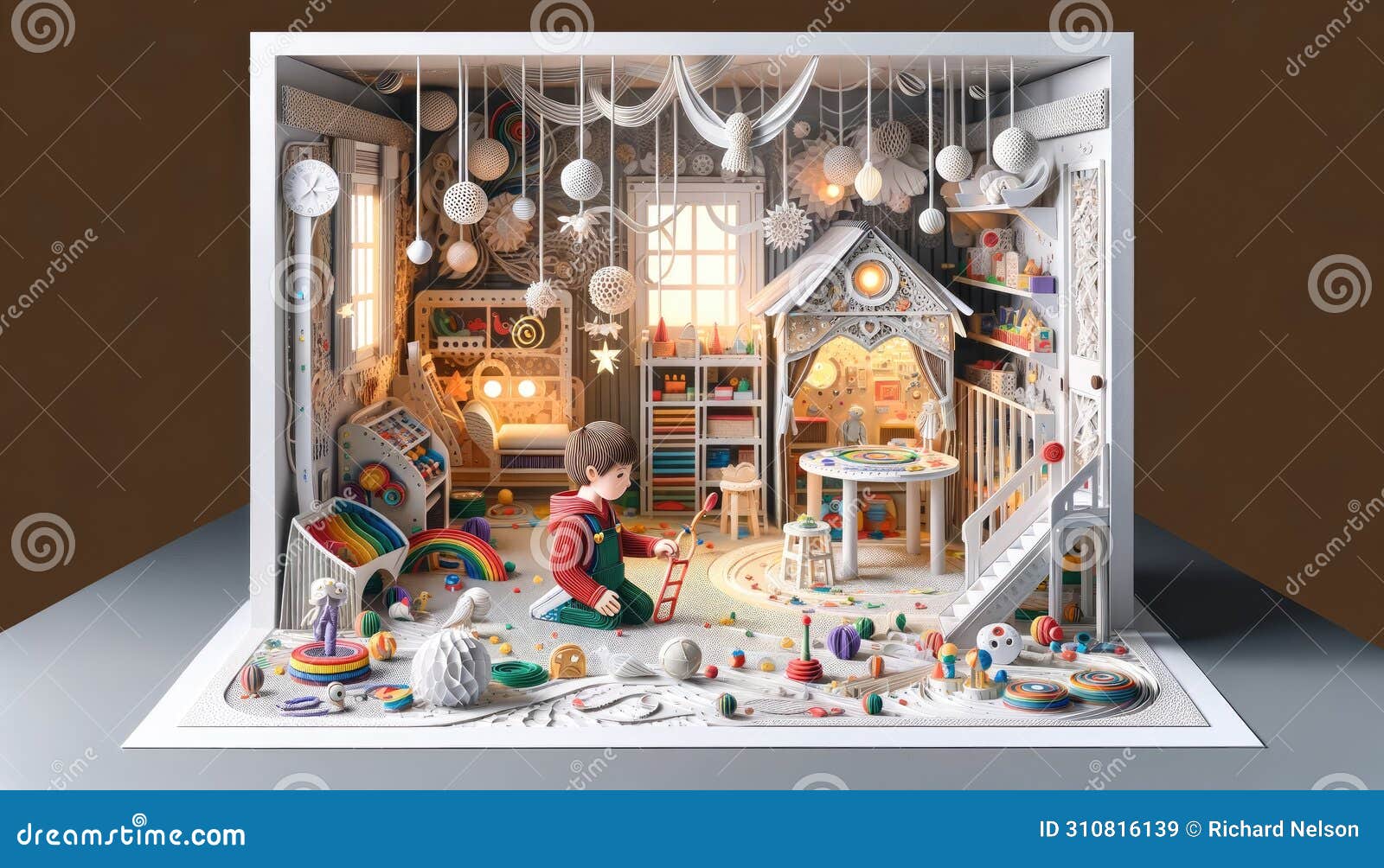 child playing in a detailed toy-filled room diorama